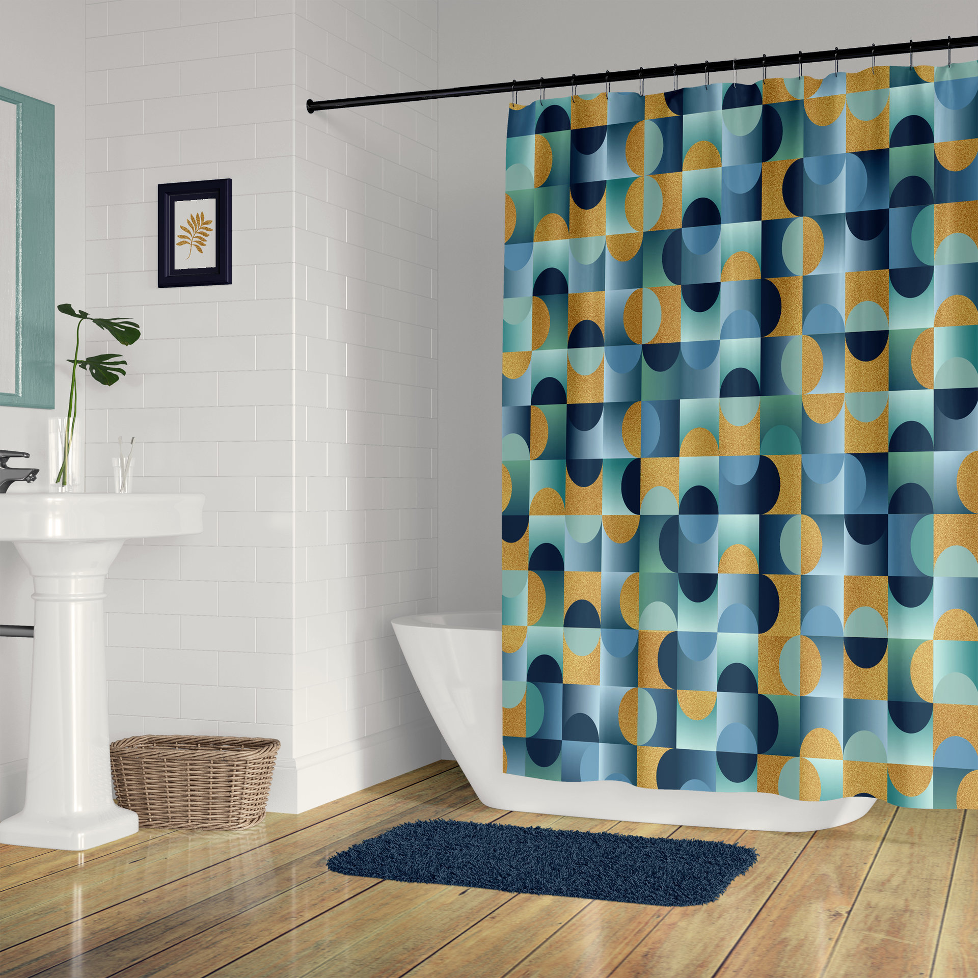 Blue Green Gold Mid Century Modern Shower Curtain