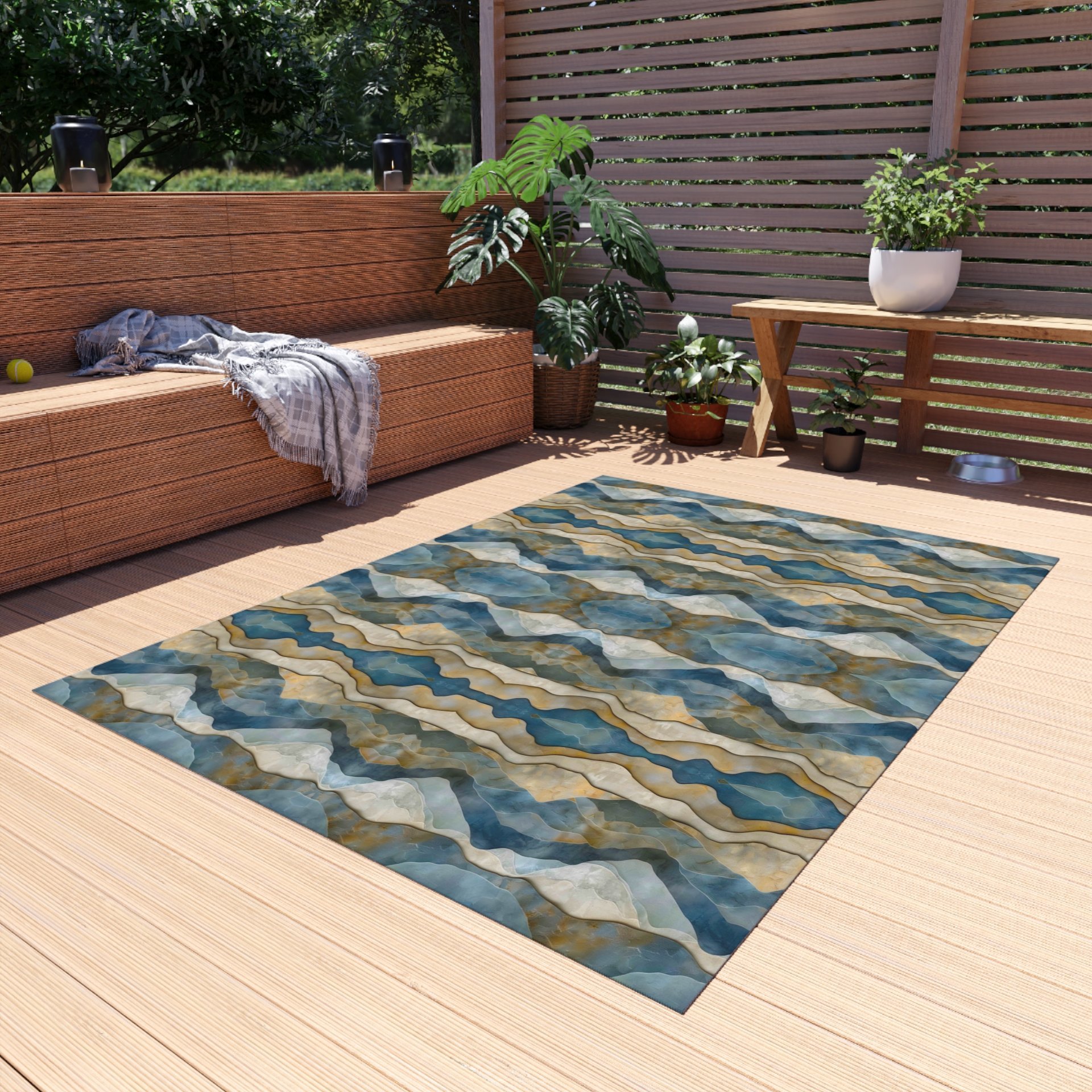 Wavy Stripes Area Rug on a patio