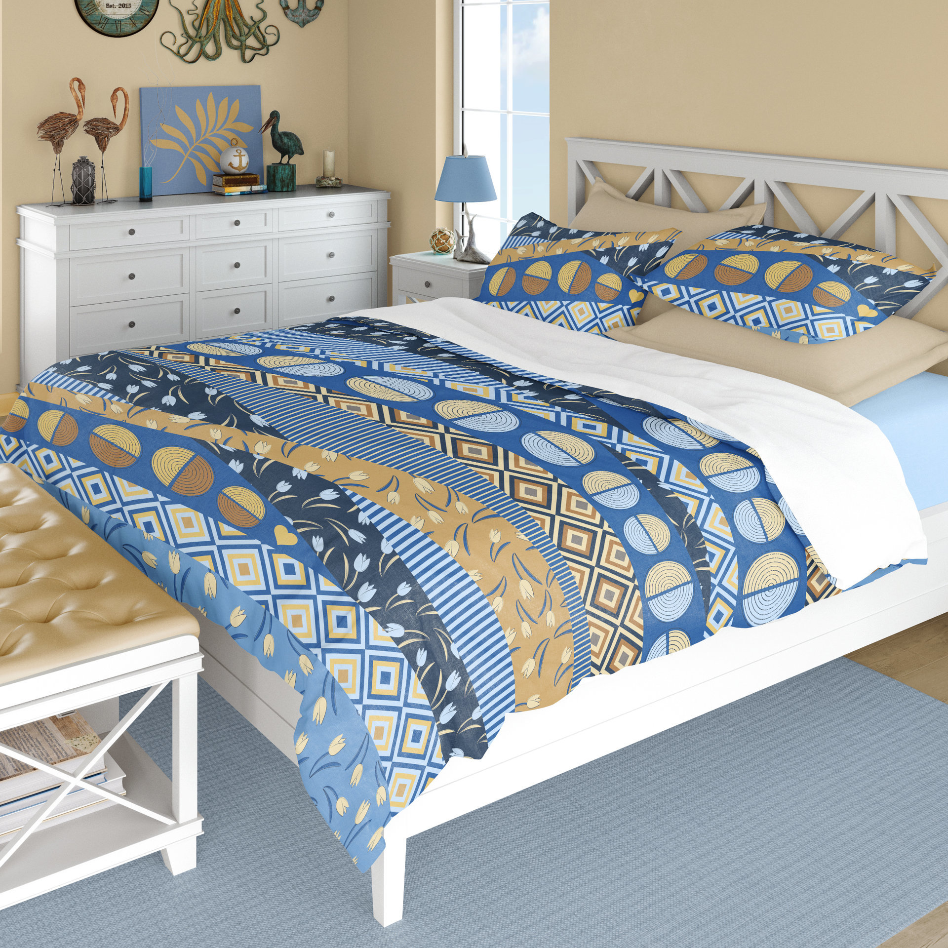 Blue Yellow Abstract Geometric Waves Duvet Cover, Cotton Queen