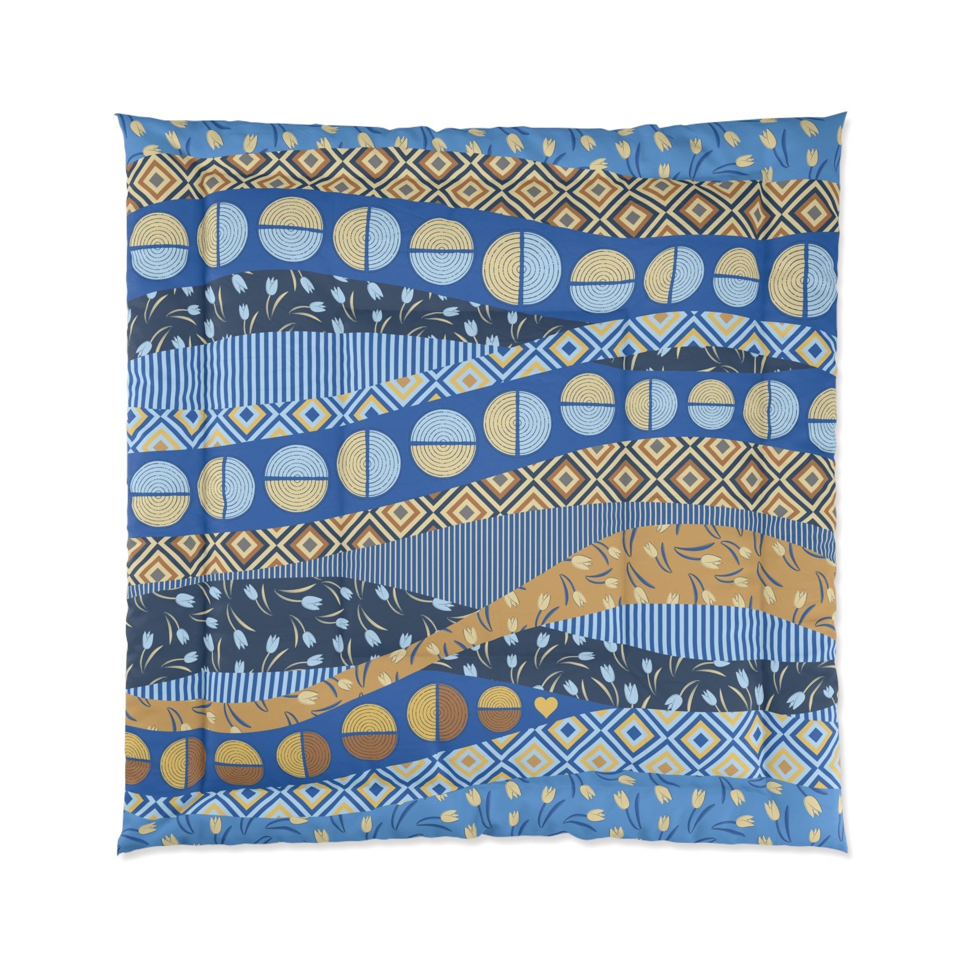 Blue Yellow Abstract Geometric Waves Comforter Queen