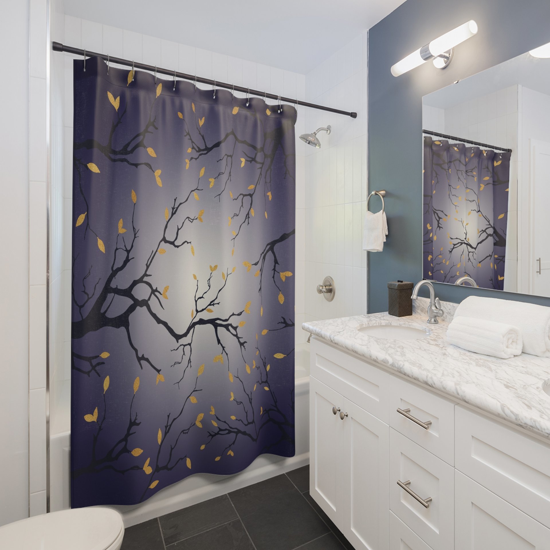 Moonlit Sky Shower Curtain, Navy Blue and Cream Ombré