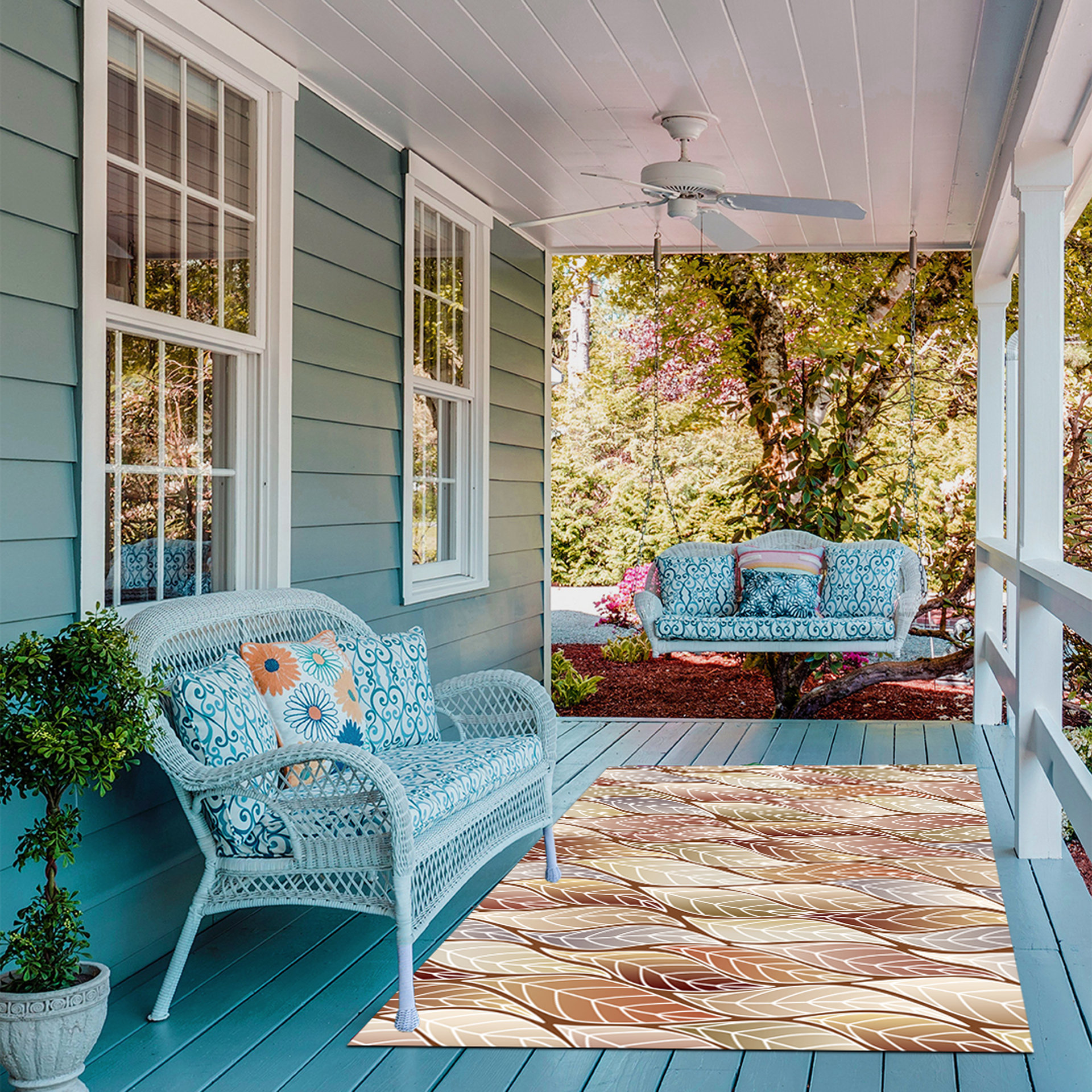 Beige Brown Ombre Leaves Rug, Indoor Outdoor