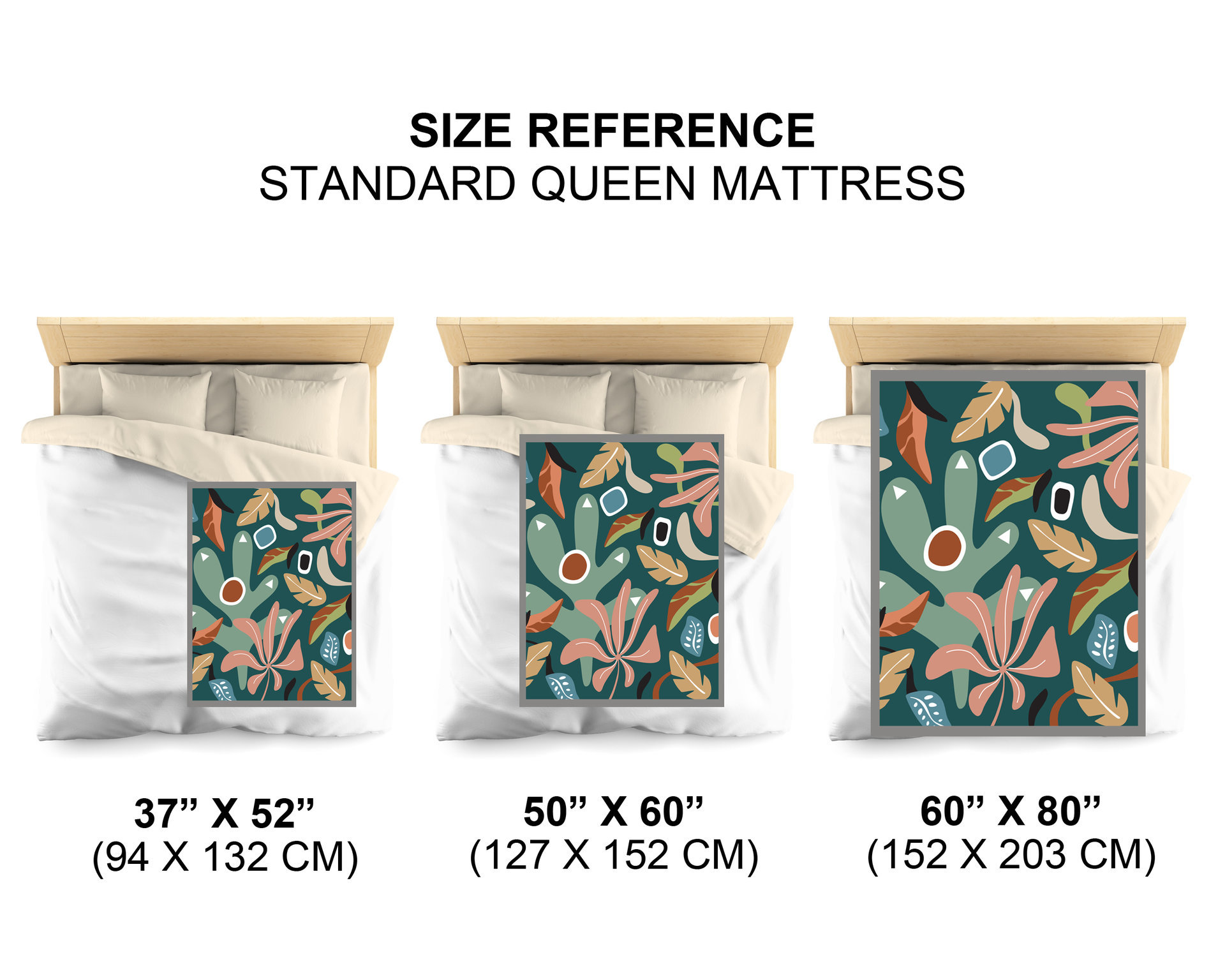 Bold Modern Floral Woven Cotton Blanket sizes in reference to a queen sized bed