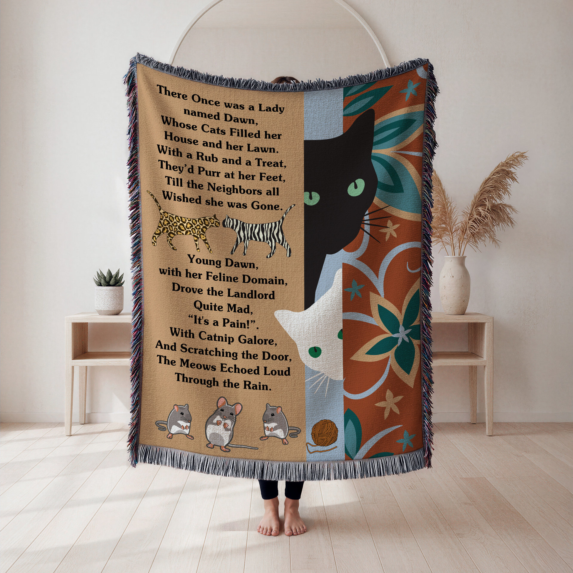 One Of A Kind Cat Lady Blanket, Personalized Poem Woven Cotton Throw
