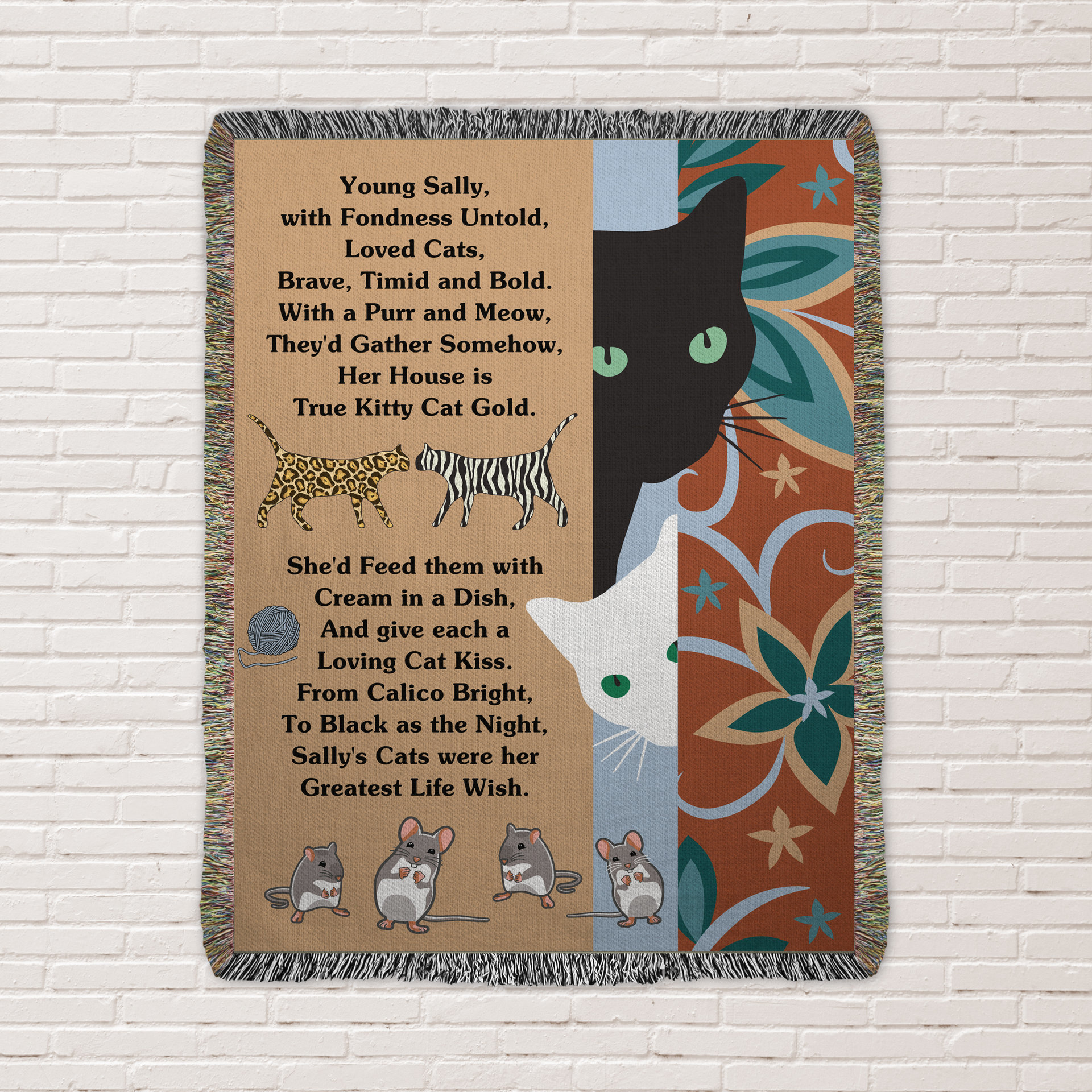 One Of A Kind Cat Lady Blanket, Personalized Poem Woven Cotton Throw hug as a wall tapestry.