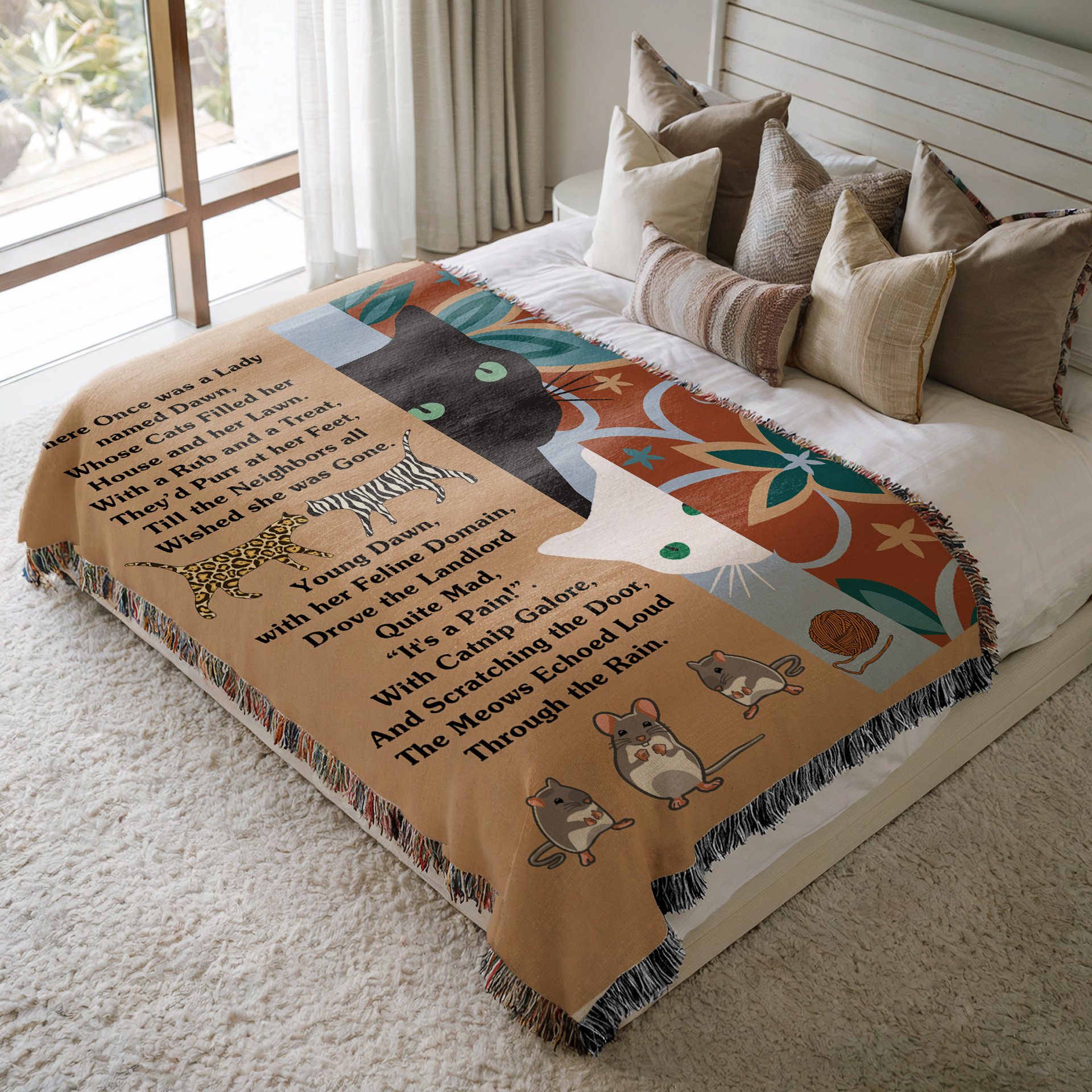 One Of A Kind Cat Lady Blanket, Personalized Poem Woven Cotton Throw on a bed