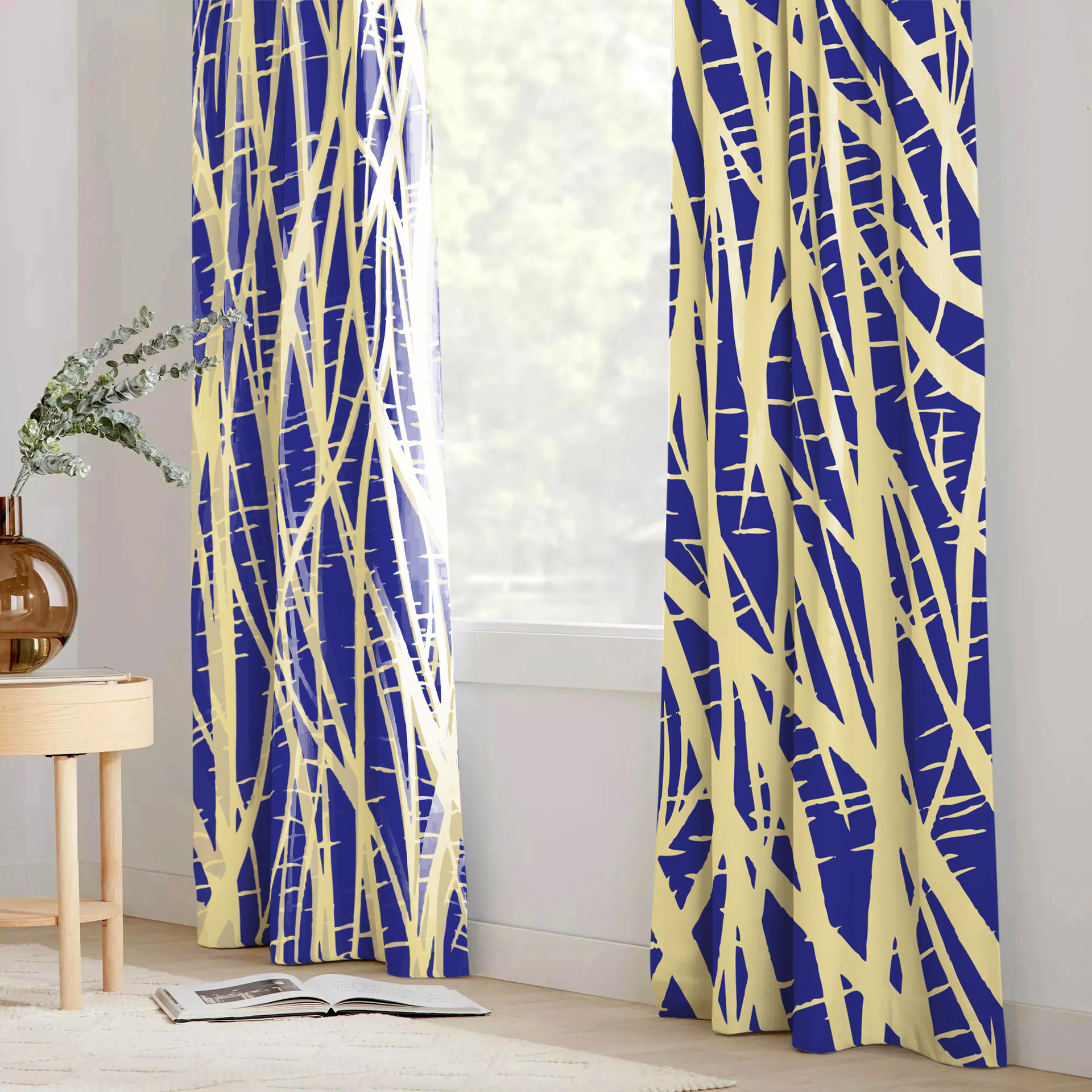 Bold Cobalt Blue Abstract Curtains, Butter Yellow Modern Window Panels, Colorful Graphic Drapes