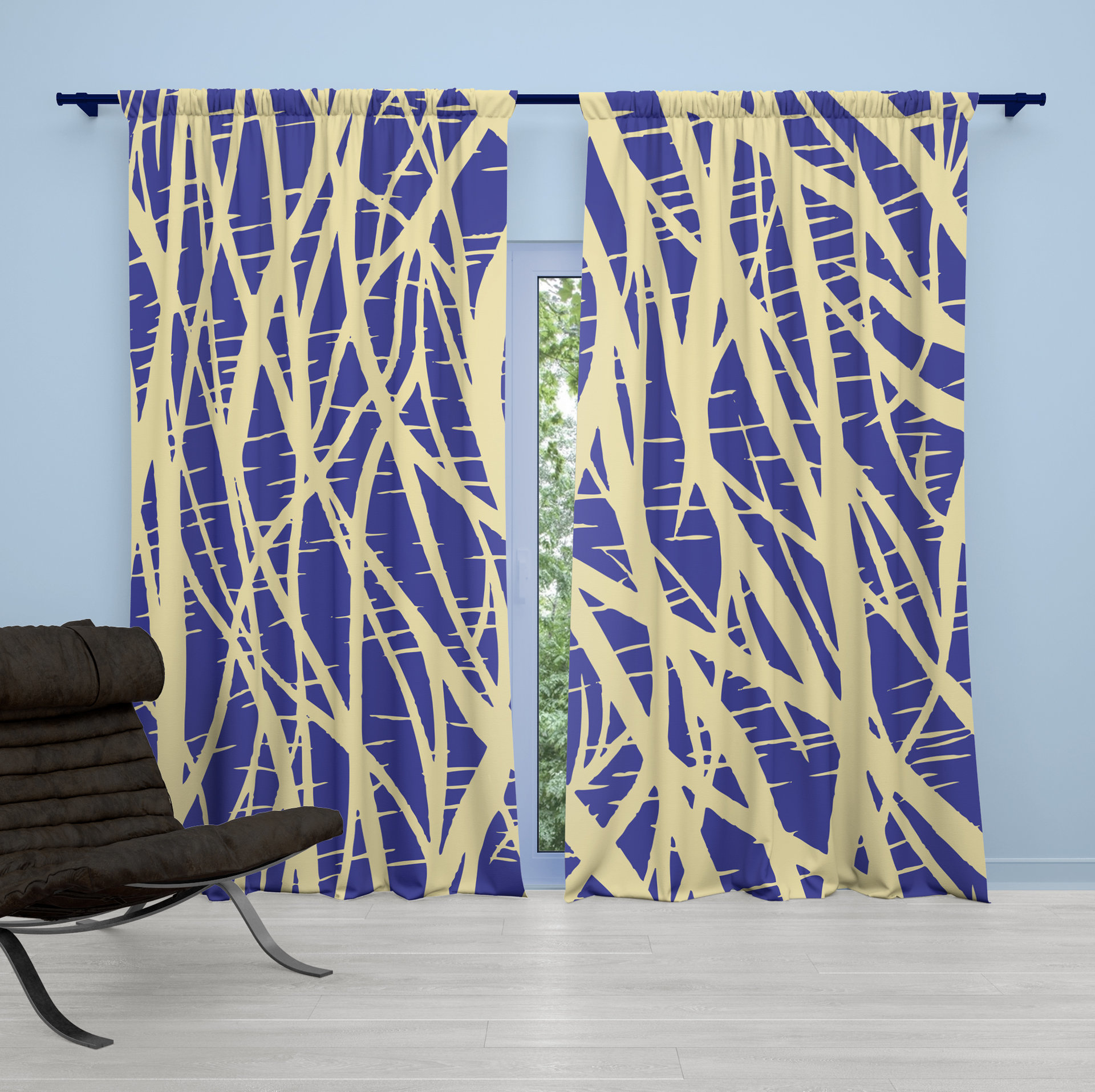 Blue & Yellow Abstract Window Curtains, Rod Pocket Panels