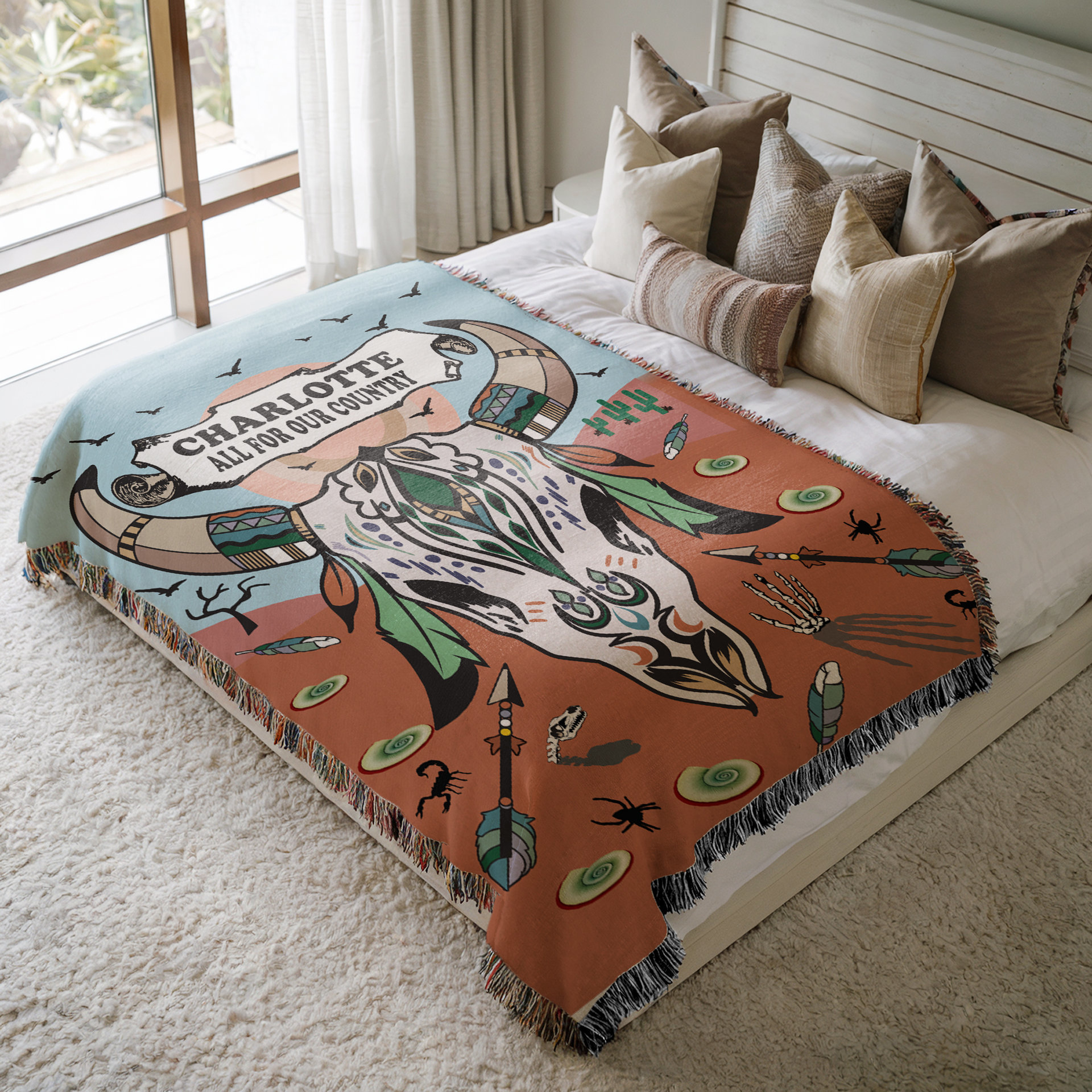 Personalized Southwestern Woven Cotton Throw Blanket, Cow skull design