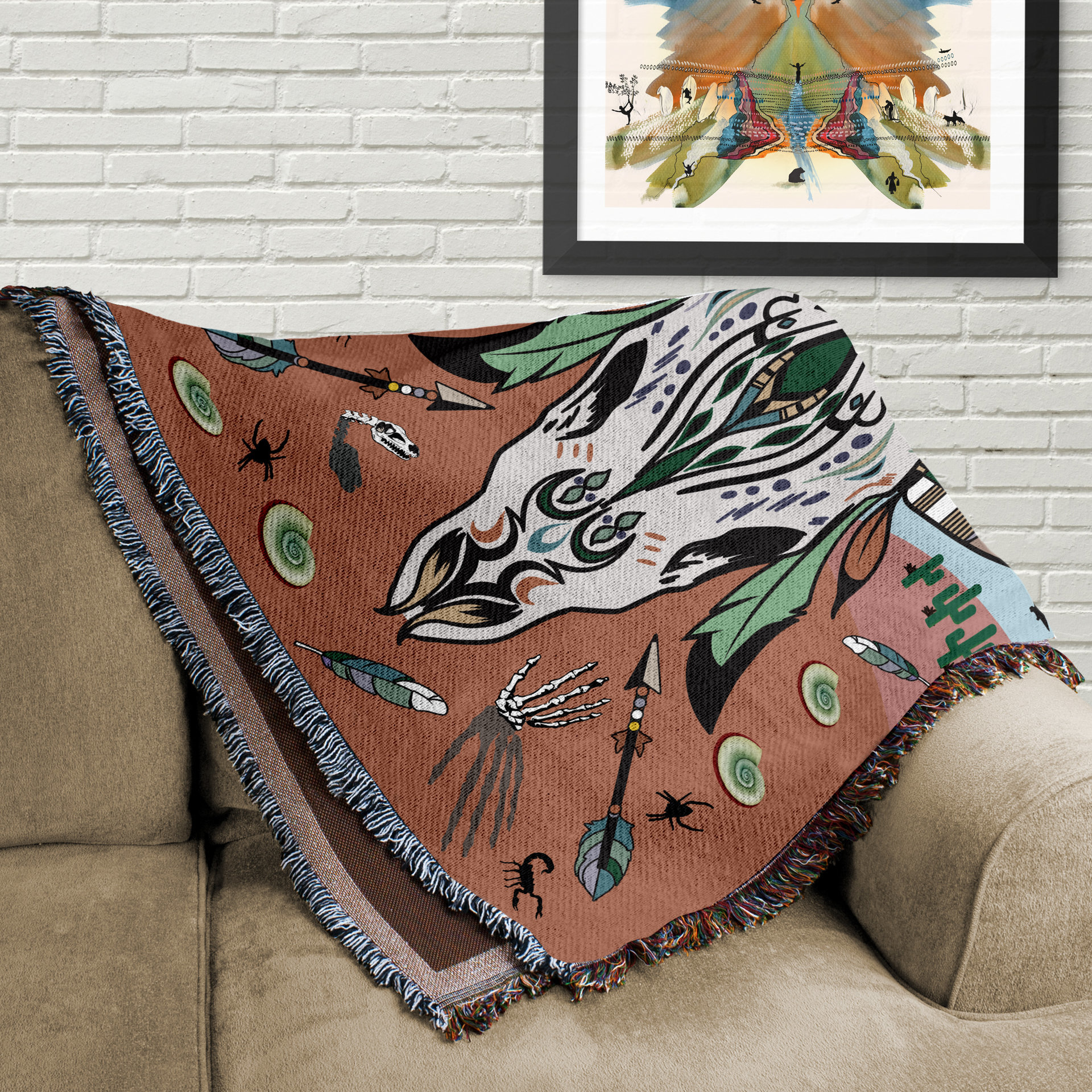Personalized Southwestern Woven Cotton Throw Blanket, Cow skull design