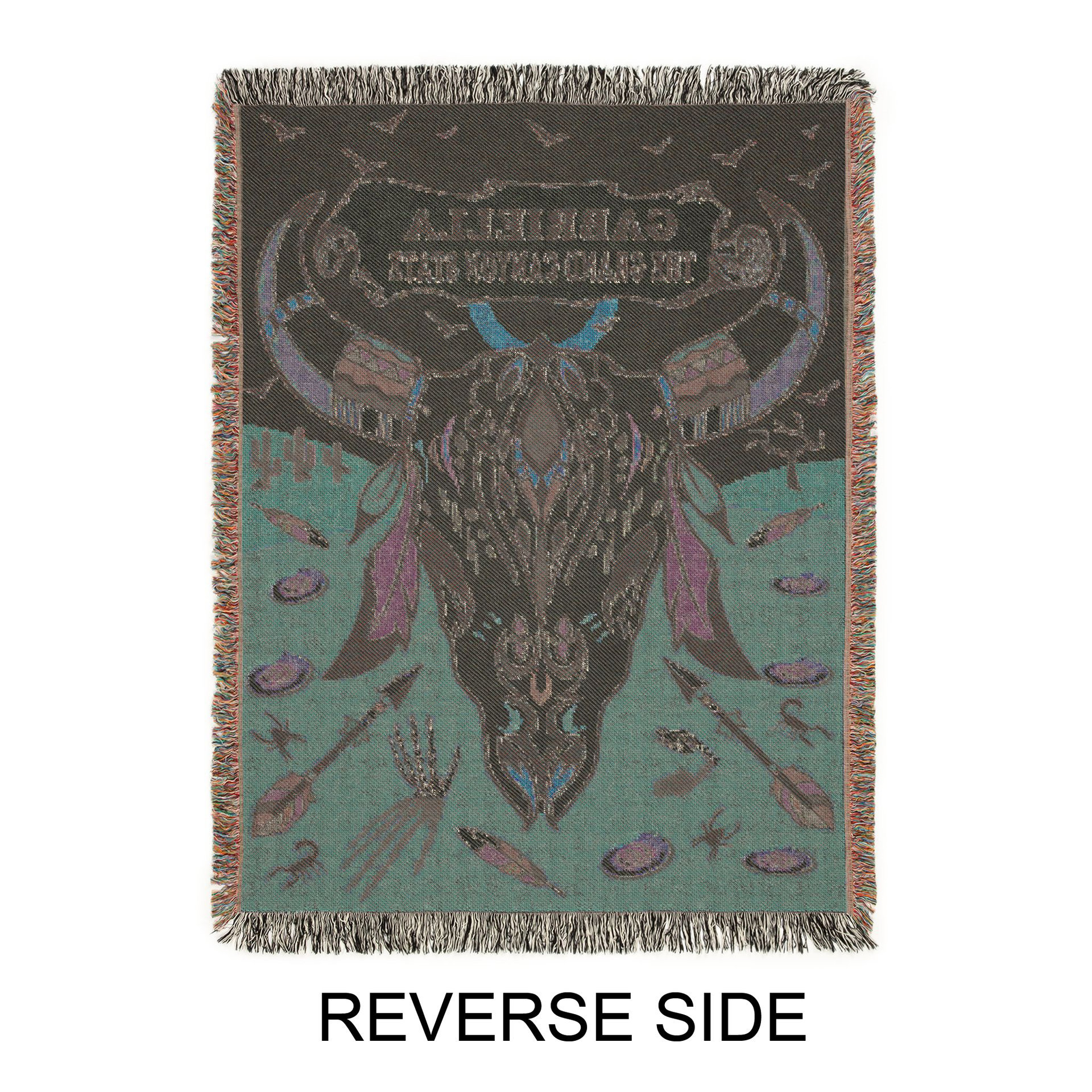 Personalized Southwestern Woven Cotton Throw Blanket, Cow skull design reverse side