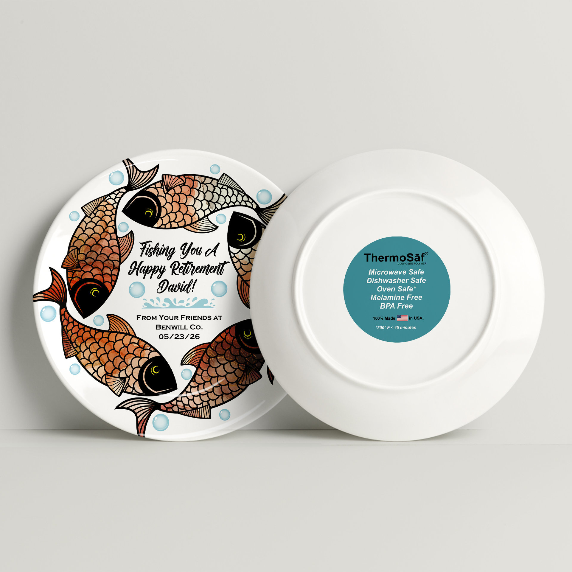 Personalized Coworker Retirement Gift Plate for a Fisherman, showing back and front