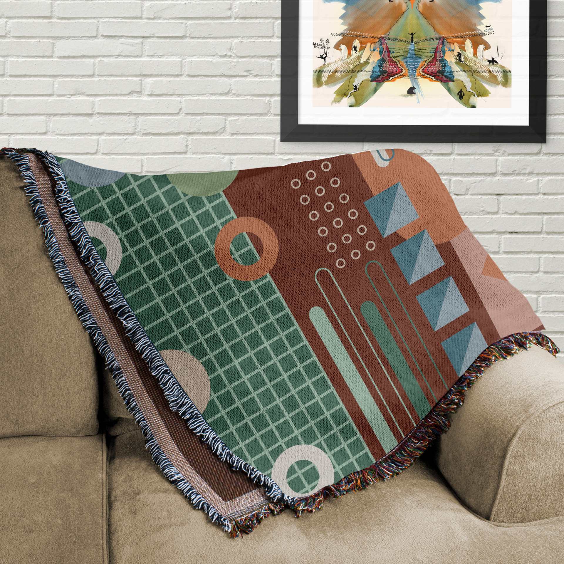 Woven Cotton Blanket, Modern Floor Plan Design folded on a couch