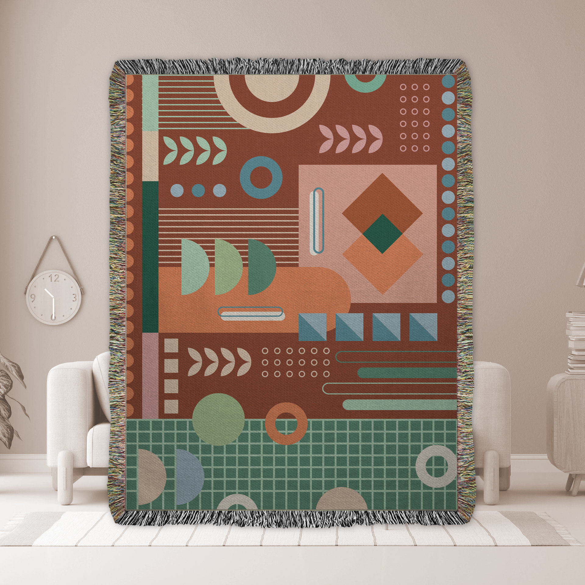 Woven Cotton Blanket, Modern Floor Plan Design used as a wall tapestry