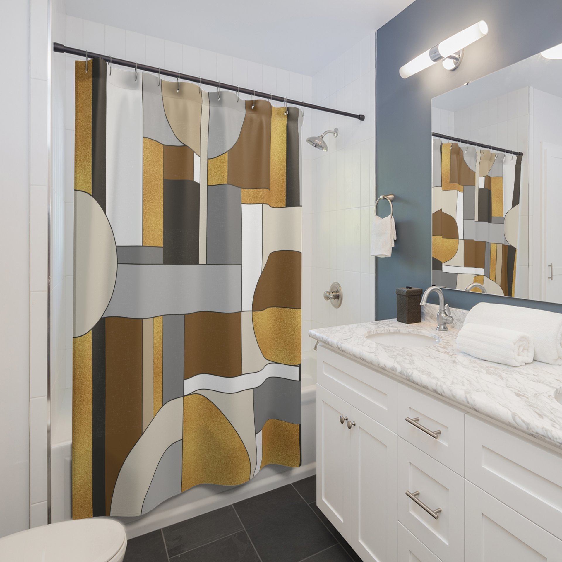 Mid-Century modern Mondrian style shower curtain in an apartment bathroom