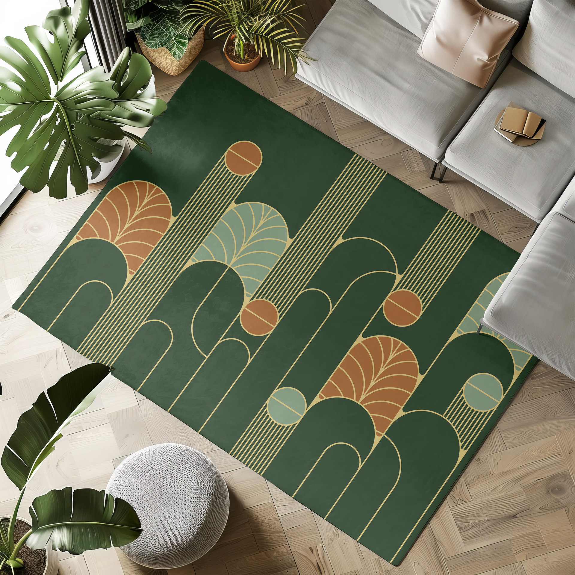Minimalist Forest Green Art Deco Rug, Indoor Outdoor