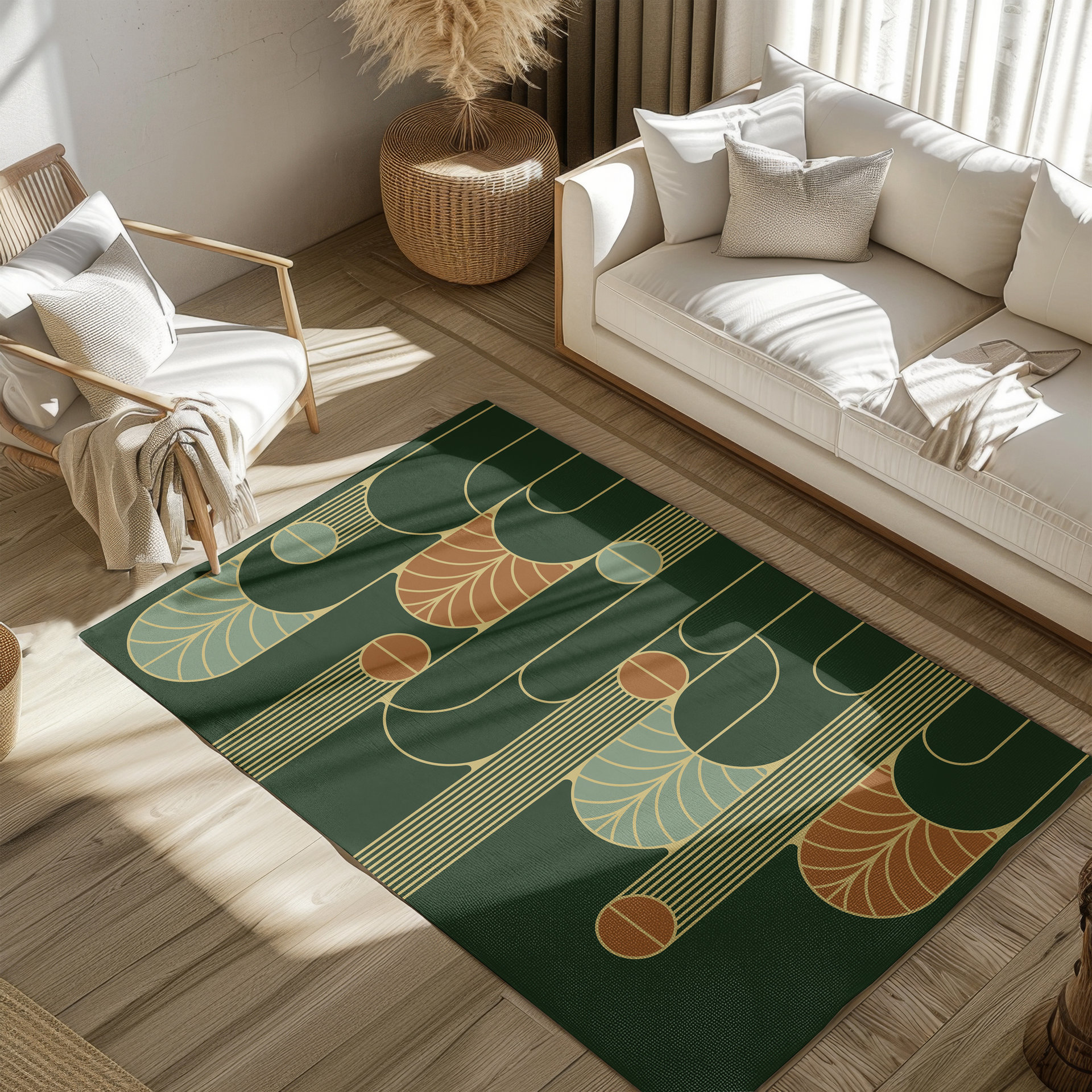 Minimalist Forest Green Art Deco Rug, Indoor Outdoor