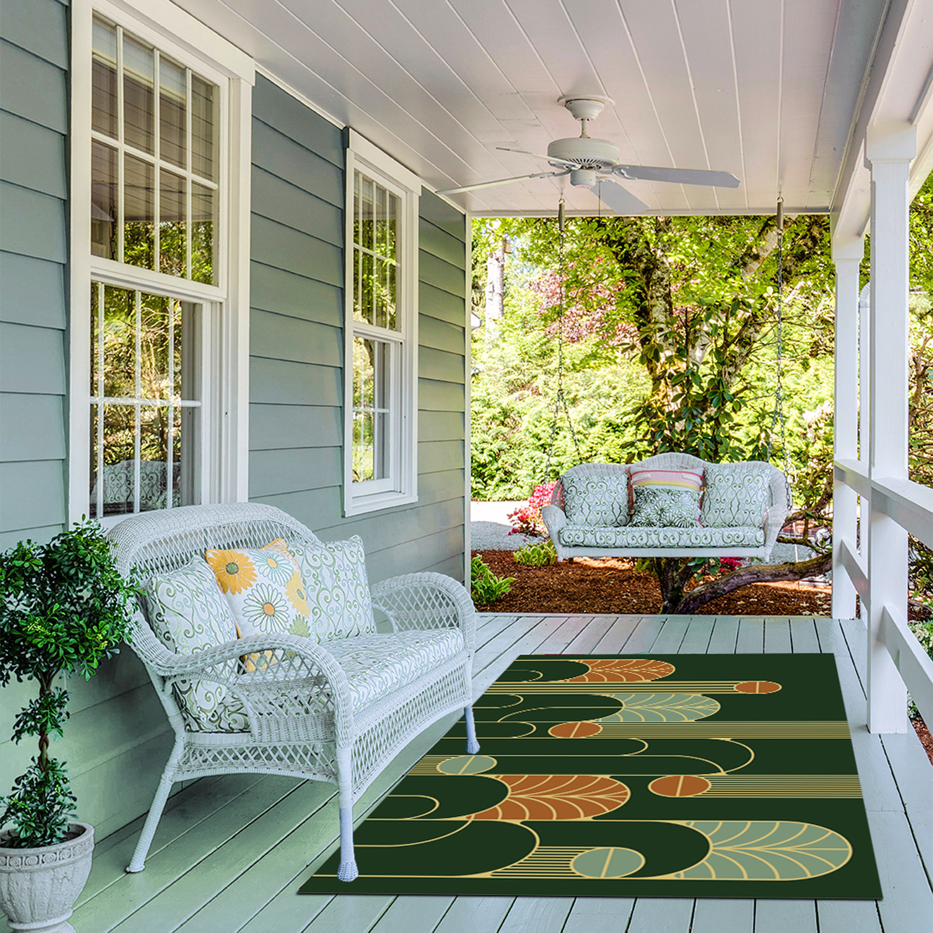 Minimalist Forest Green Art Deco Rug, Indoor Outdoor