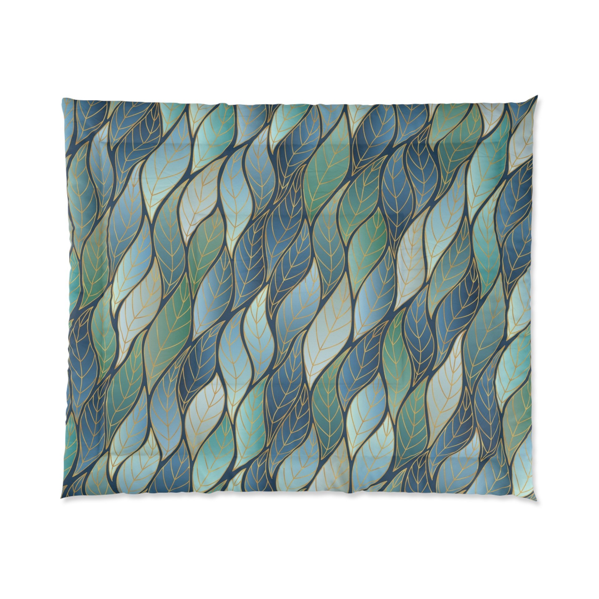 Blue Green Ombré Leaves King Comforter