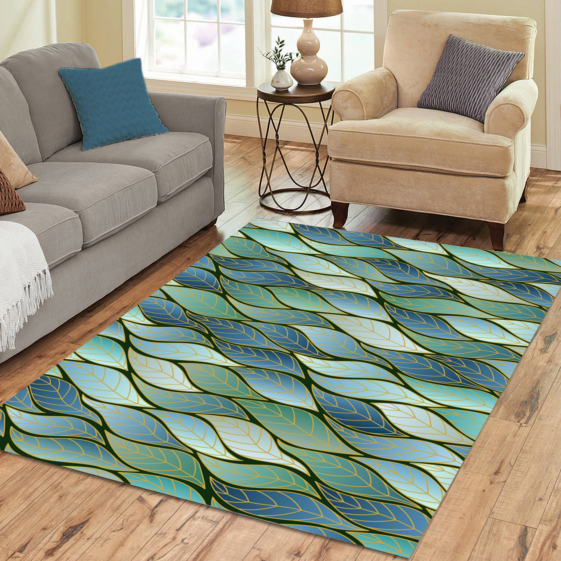 Blue Green Ombre Leaves Rug, Indoor Outdoor