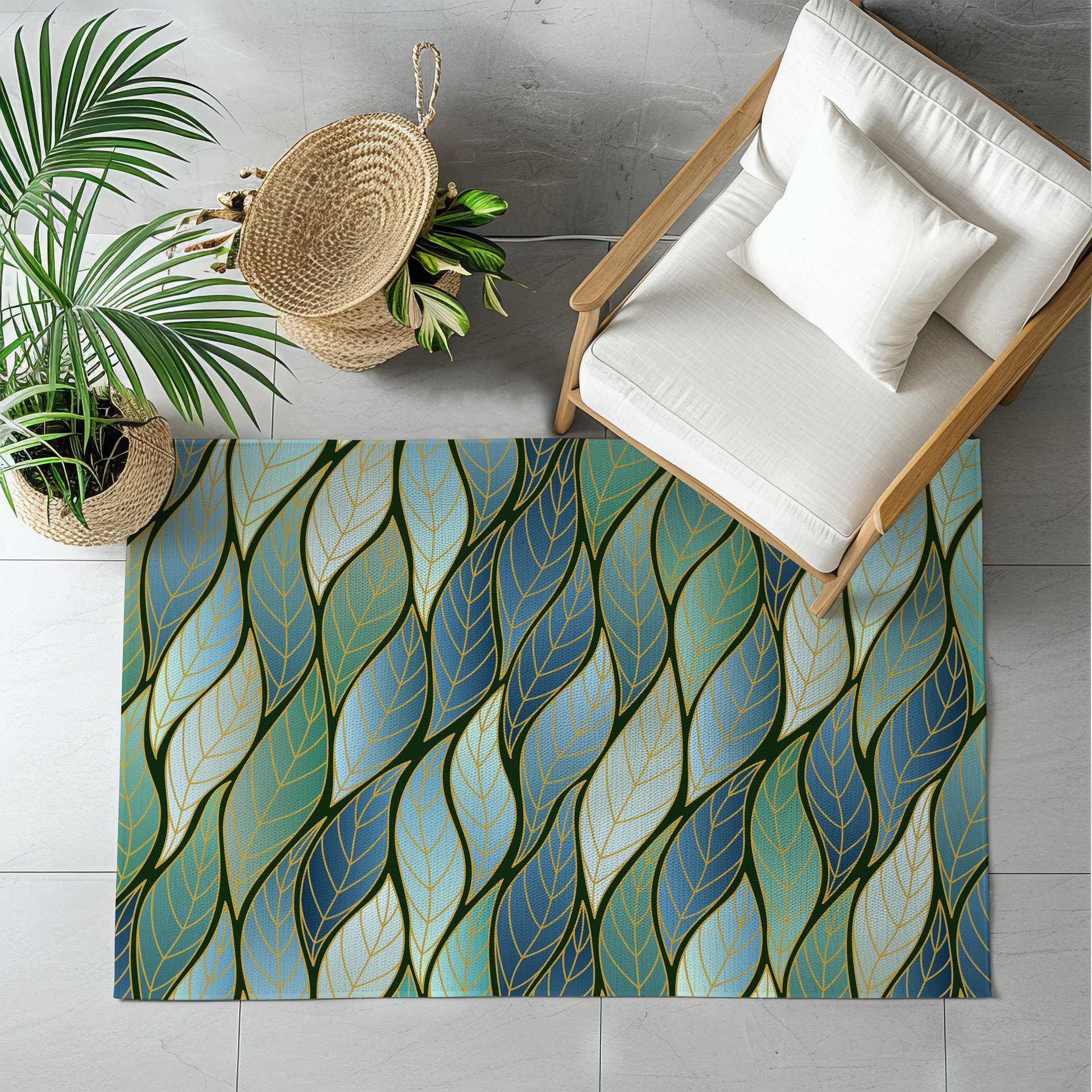 Blue Green Ombre Leaves Rug, Indoor Outdoor