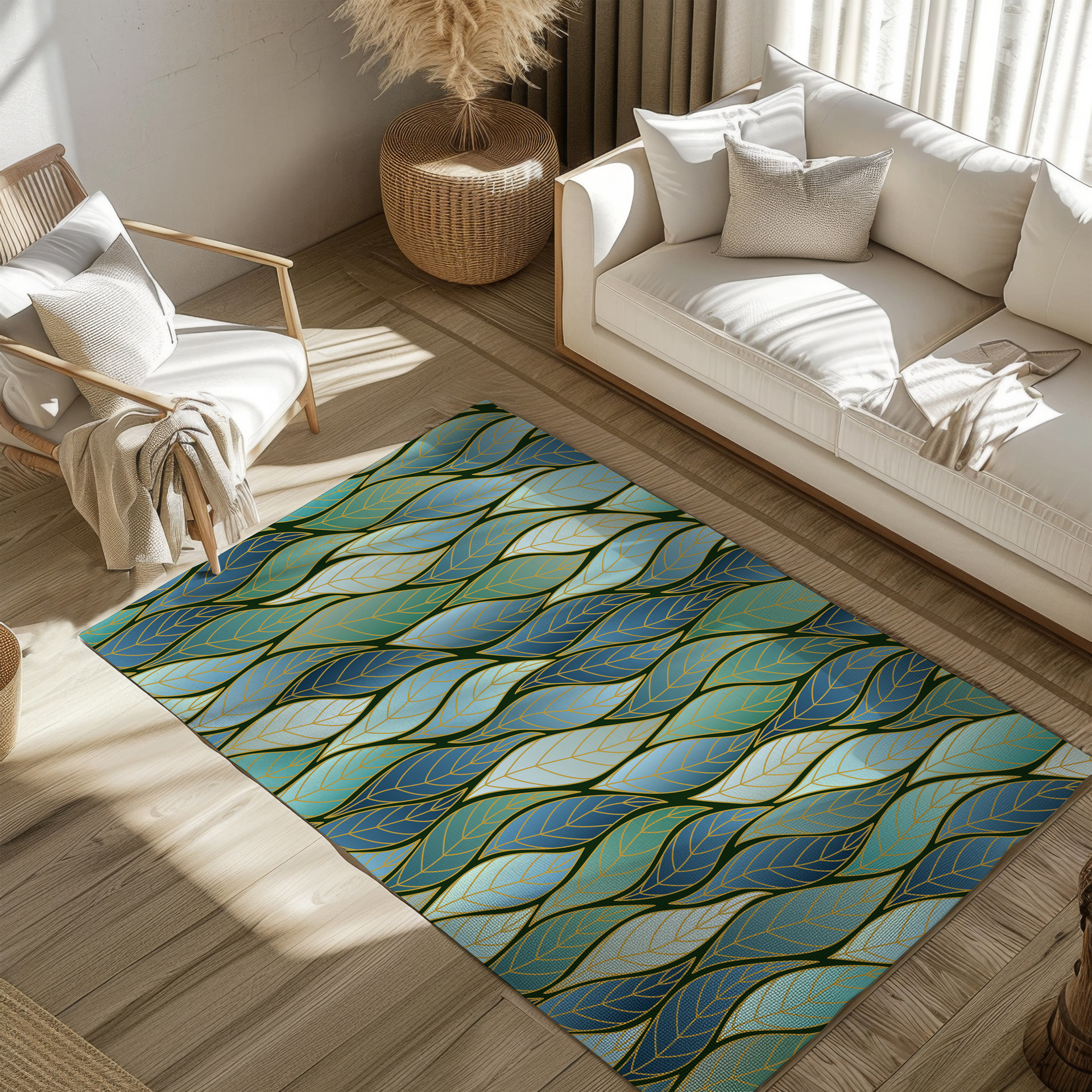 Blue Green Ombre Leaves Rug, Indoor Outdoor