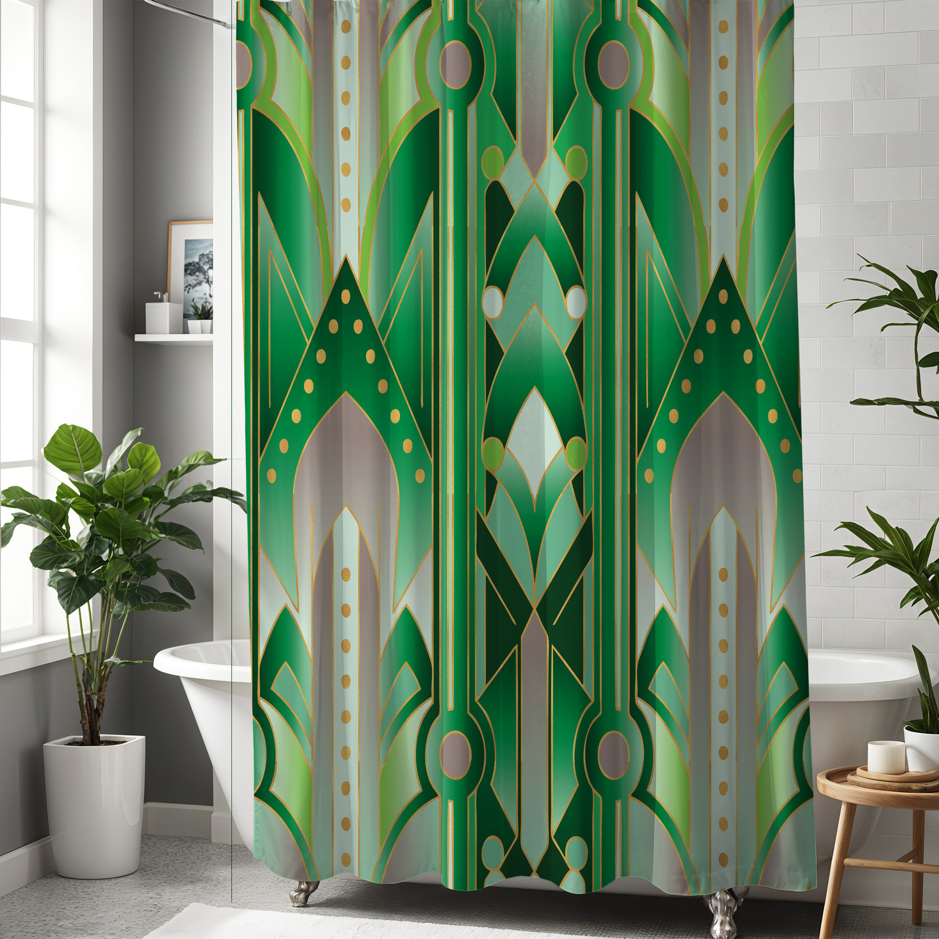 Emerald Green Art Deco Shower Curtain