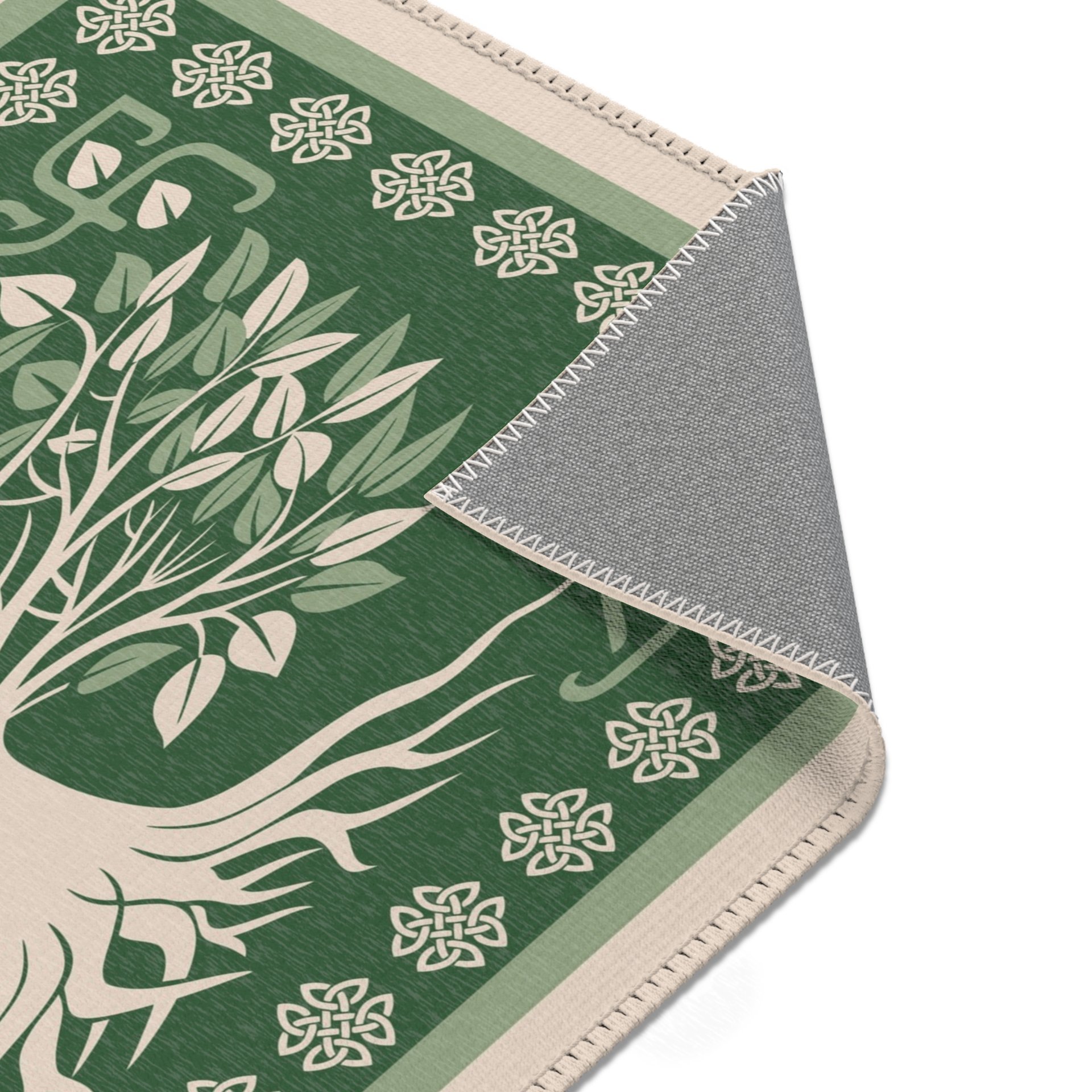 Celtic Tree of Life Rug in green and beige showing the rug underside