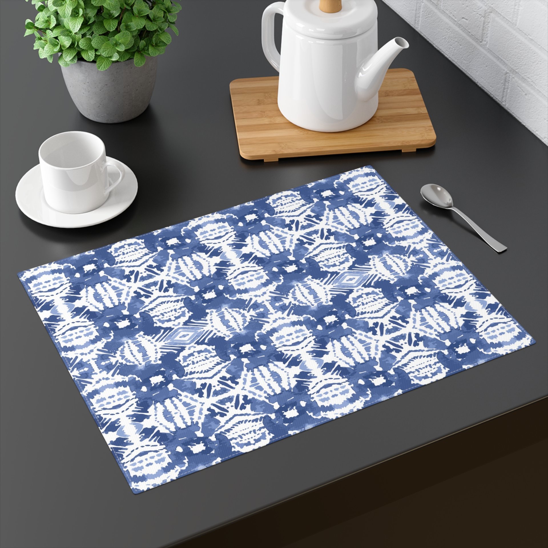 Blue Ikat Pattern Cotton Placemat with place setting on a table
