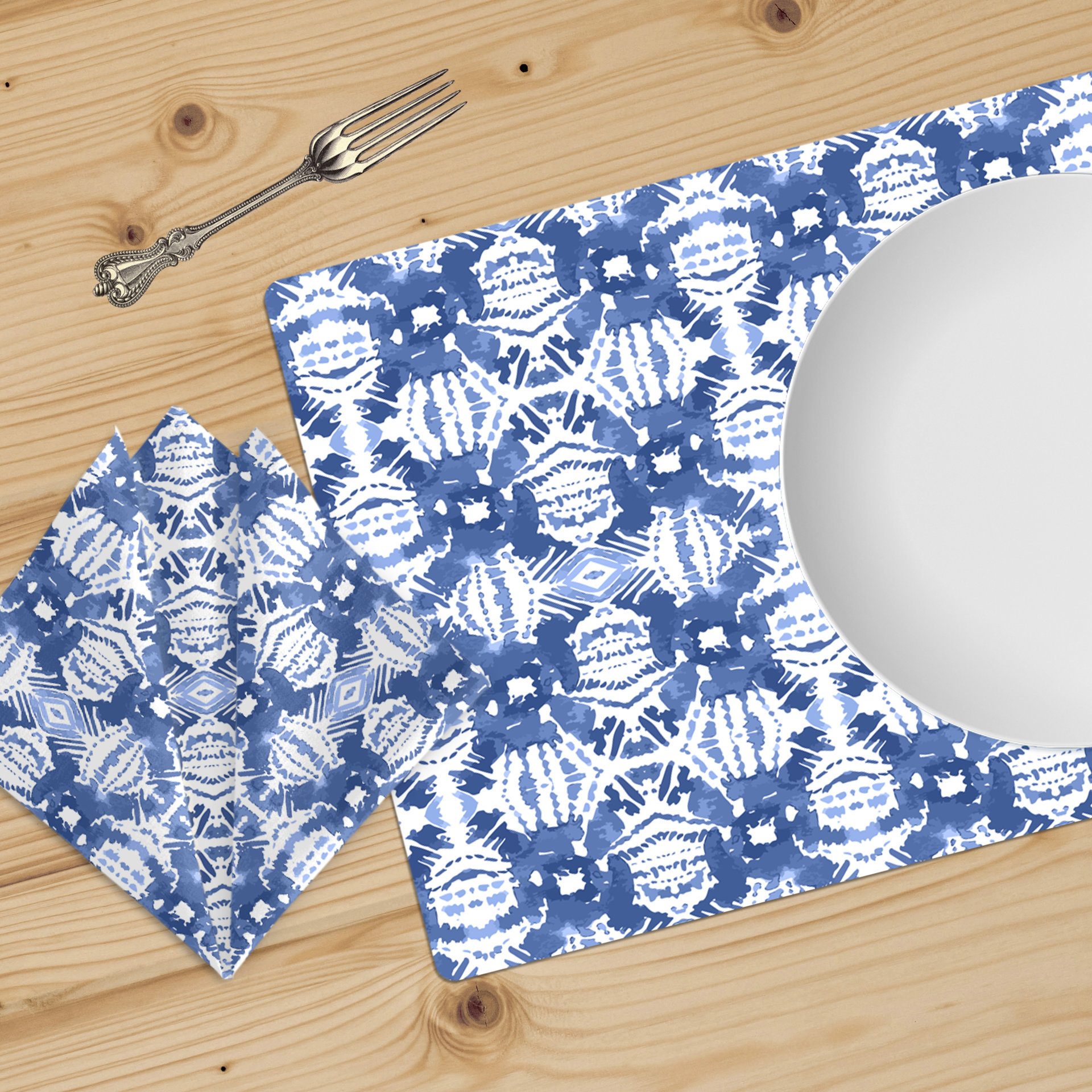 Blue Ikat Pattern Cotton Placemat & Napkin
