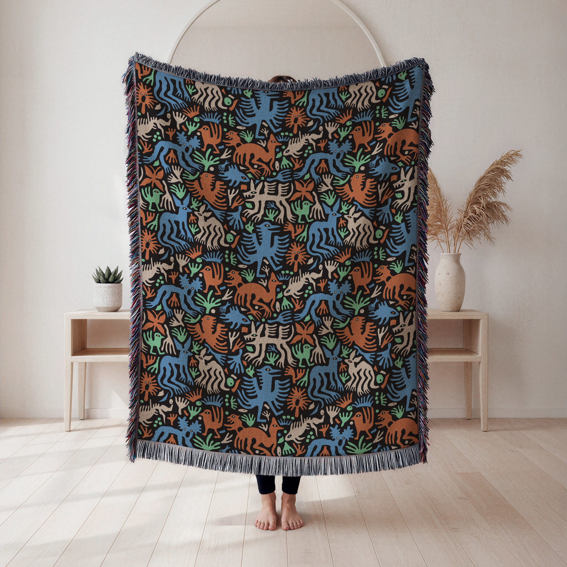 Multicolor Whimsical Animals and Plants Woven Cotton Blanket