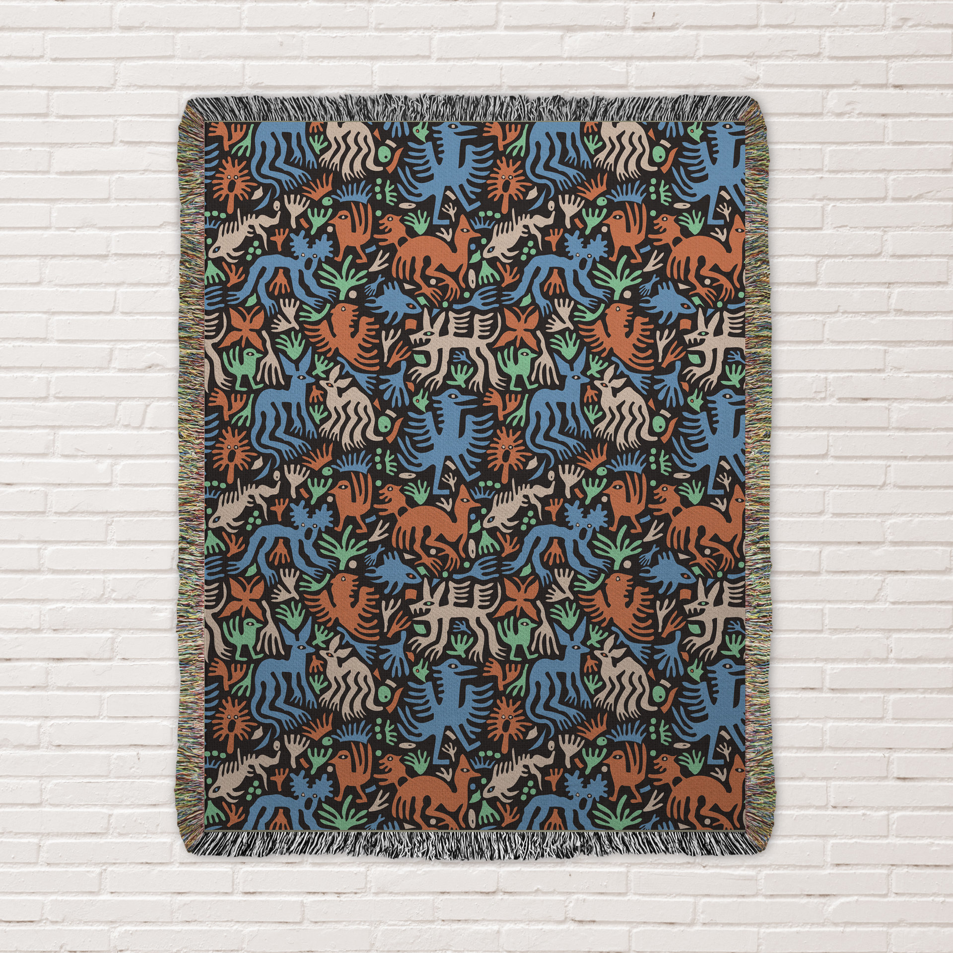 Multicolor Whimsical Animals and Plants Woven Cotton Blanket