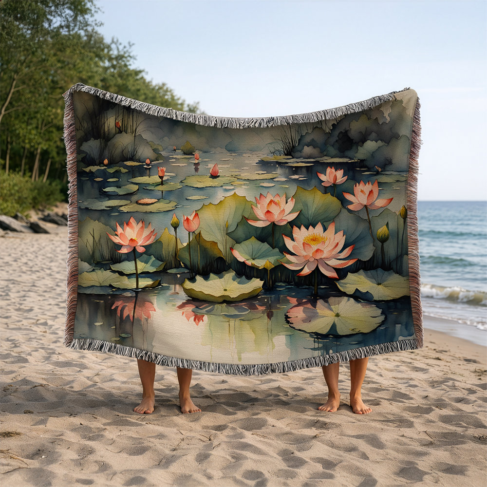 Pink Waterlilies Woven Blanket - Horizontal