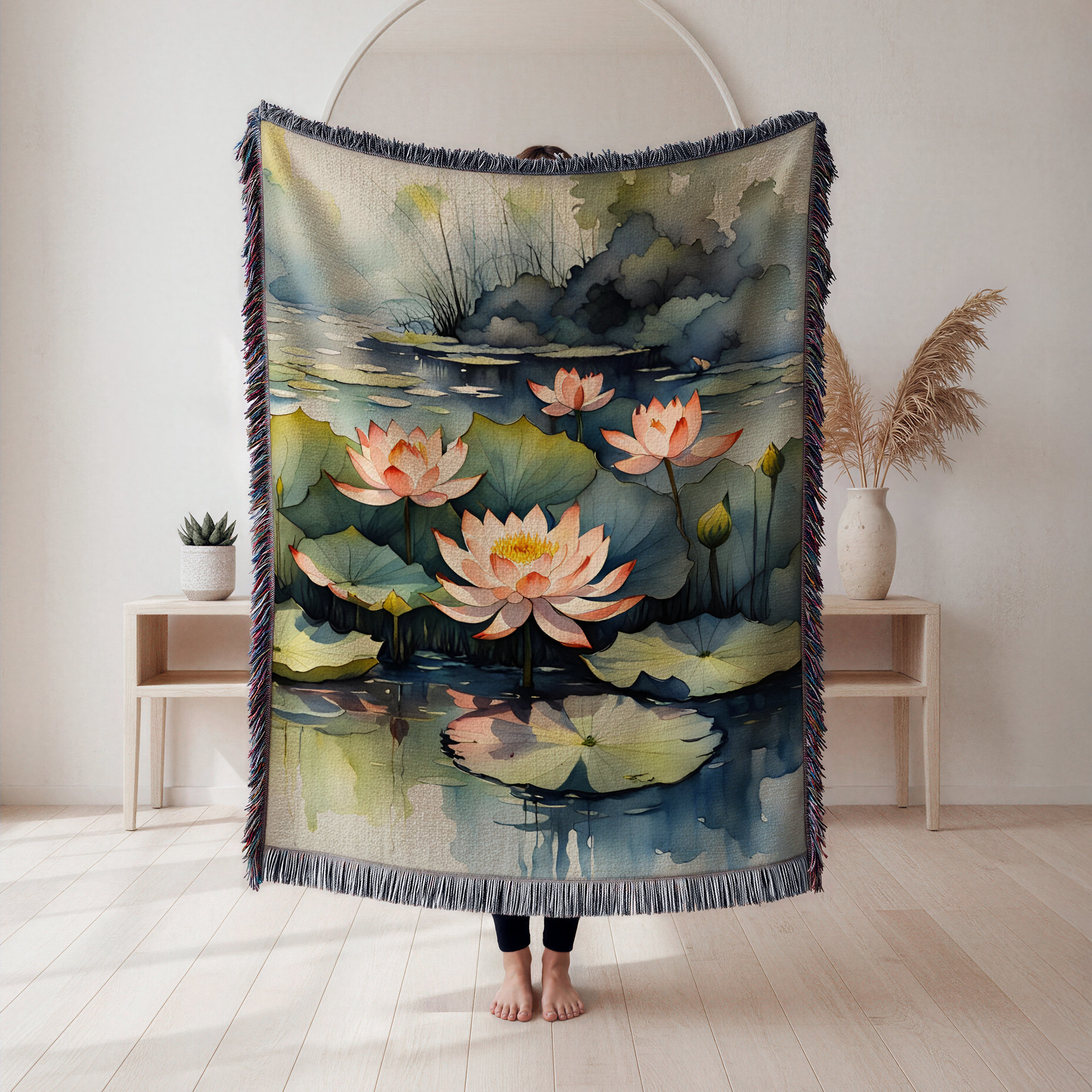 Pink Waterlilies Woven Blanket - Vertical.