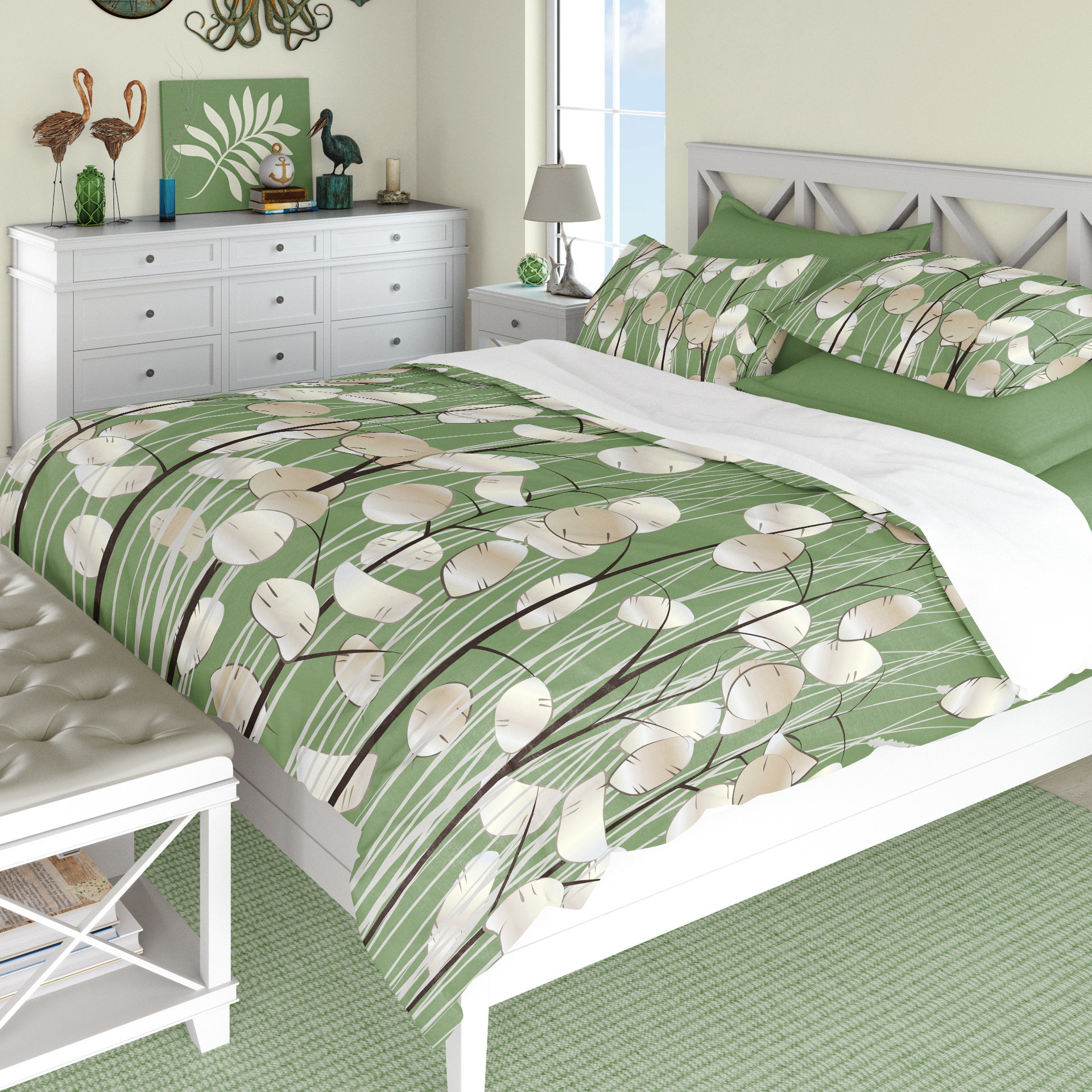 Olive Green Botanical Bedding, Cotton or Poly