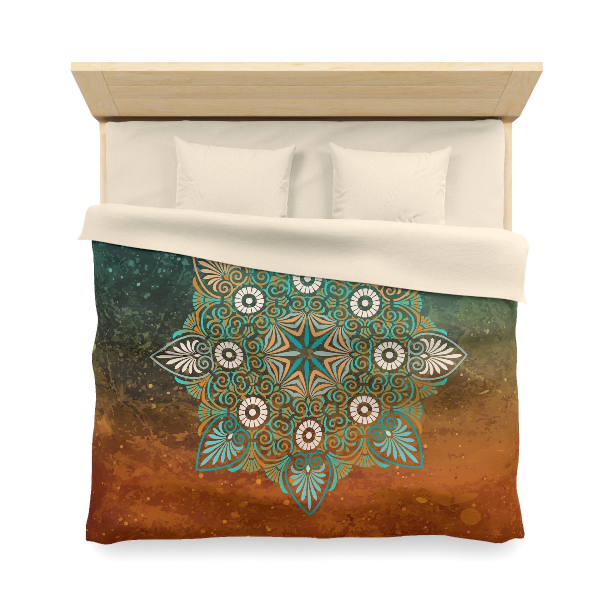 Mandala Duvet Cover with natural color back on a queen bed