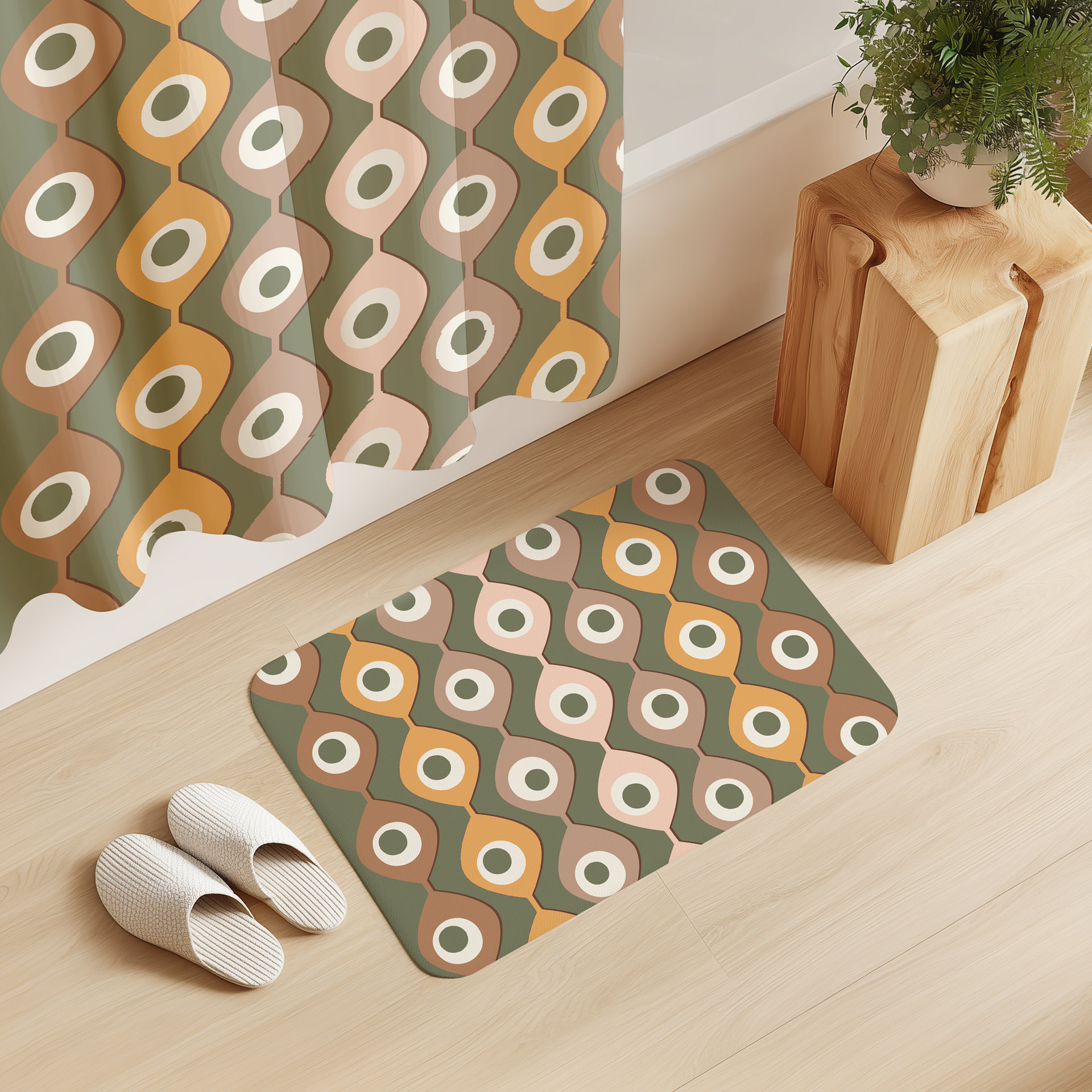 Green Mid-Century Shower Curtain and bath mat