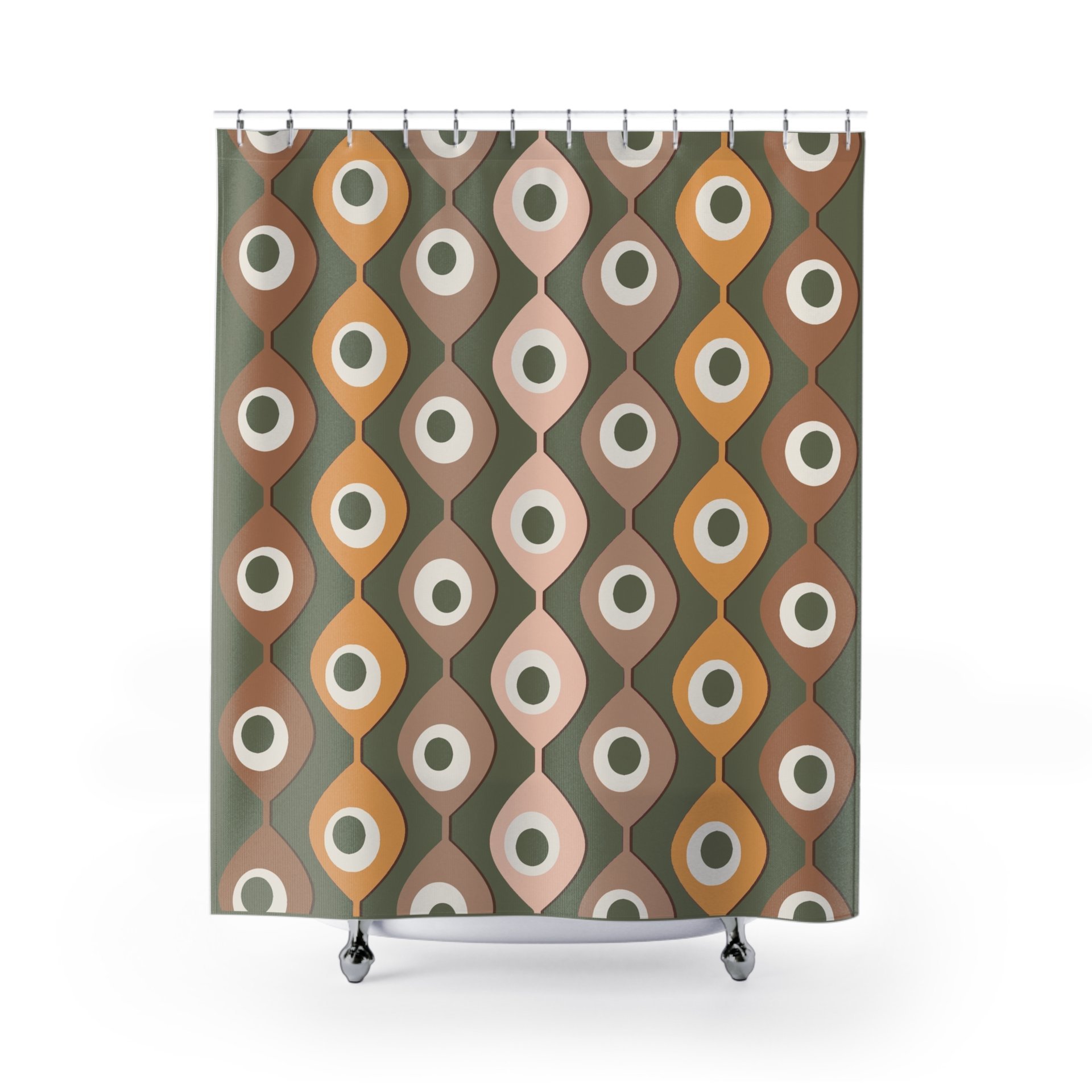 Green Mid-Century Shower Curtain, 70s Abstract Circles Pattern