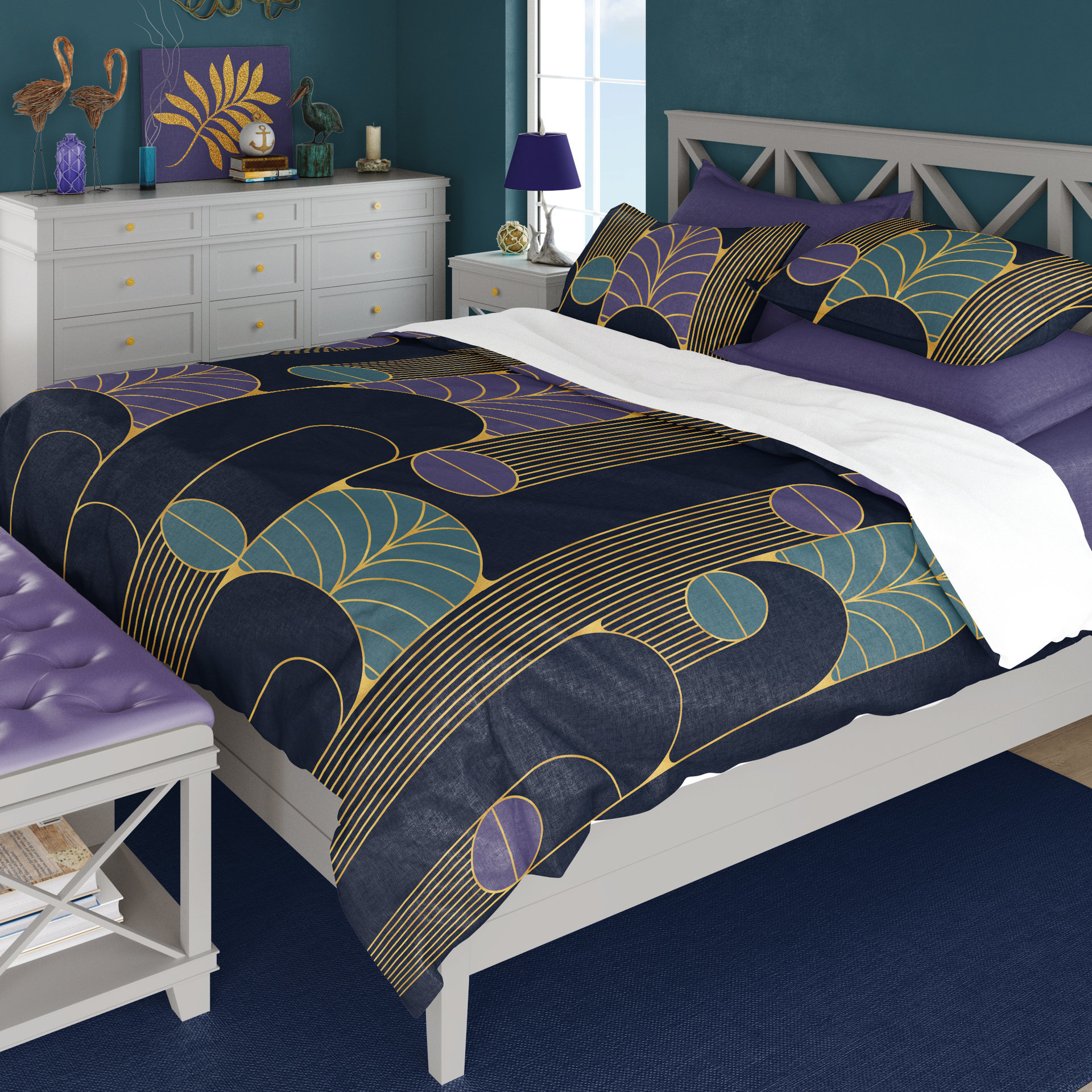 Navy Blue Art Deco Bedding, Poly or Cotton Comforter or Duvet Cover, Pillow Shams
