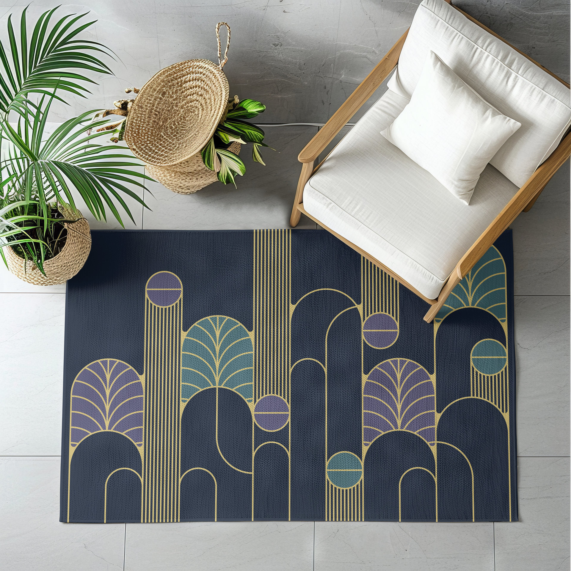 Minimalist Navy Blue Art Deco Rug, Indoor Outdoor
