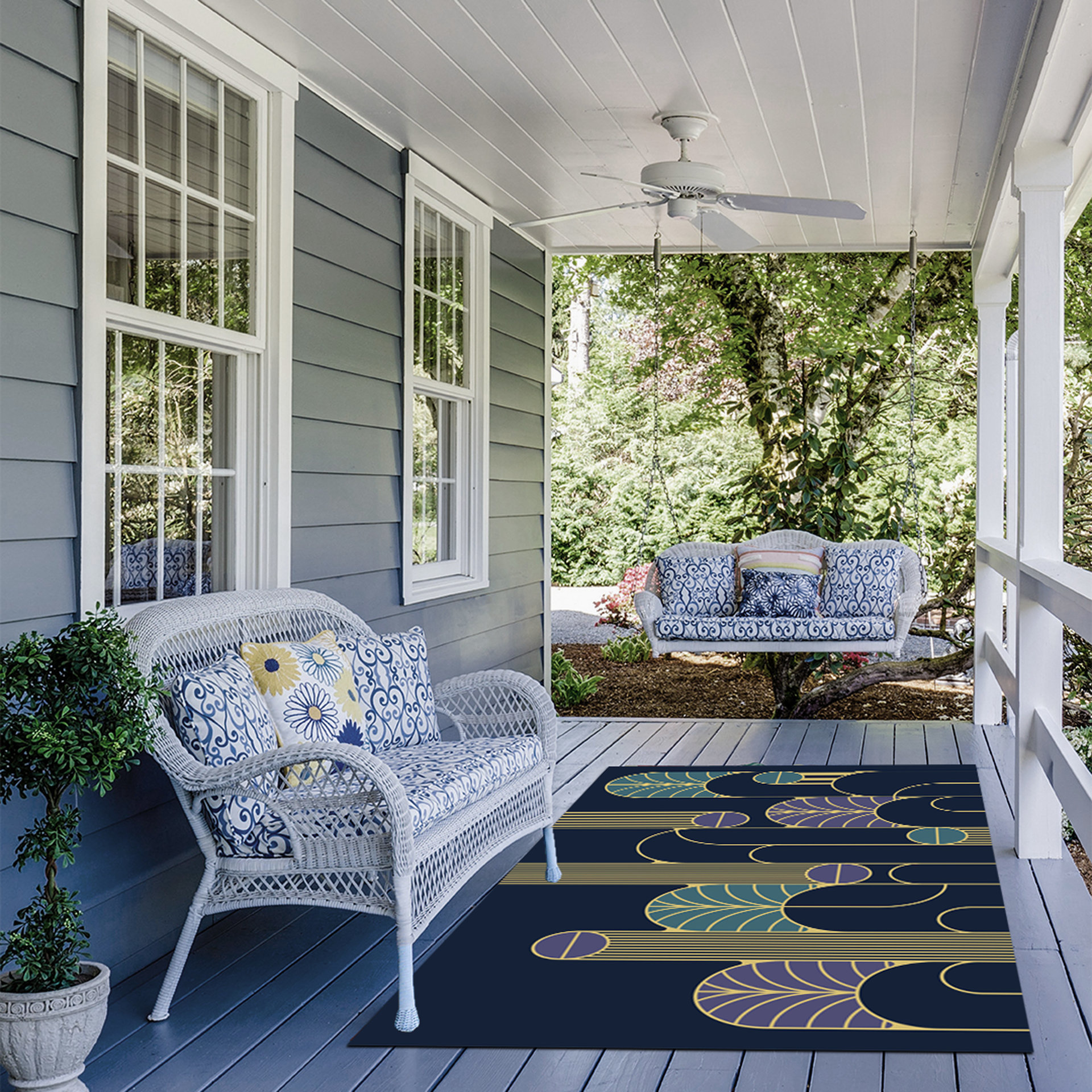 Minimalist Navy Blue Art Deco Rug, Indoor Outdoor
