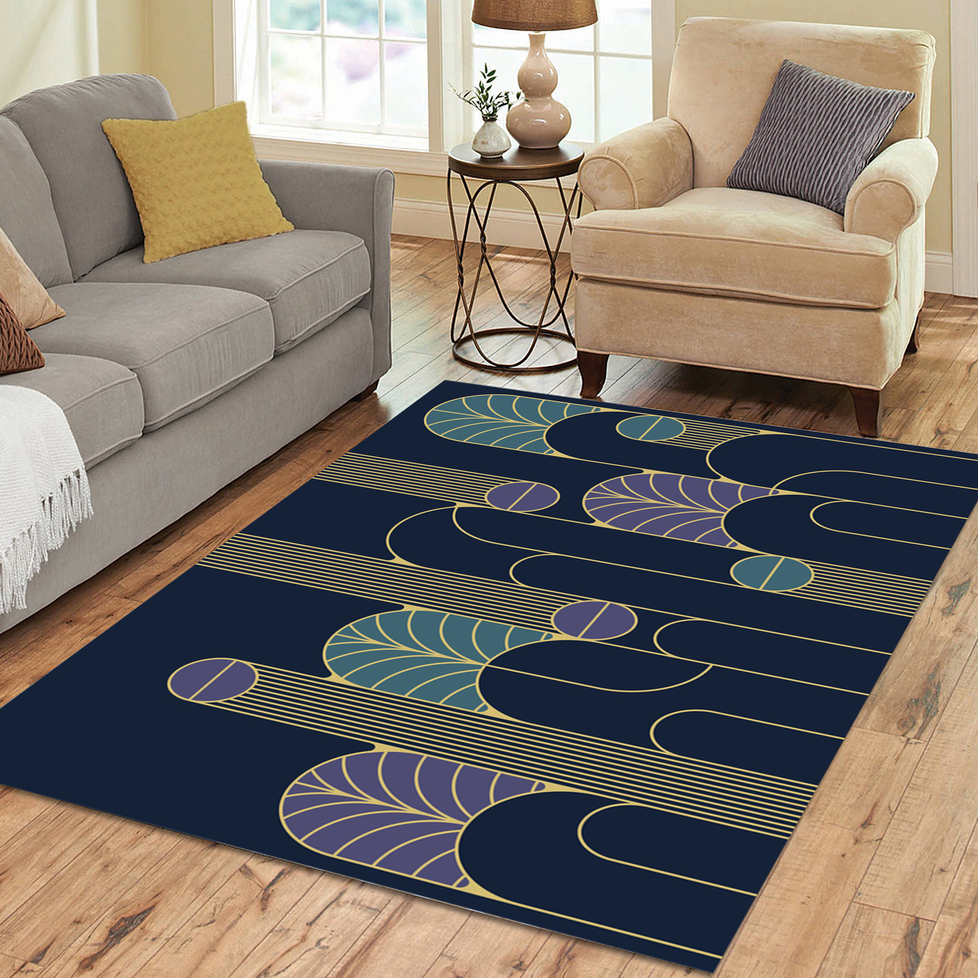 Minimalist Navy Blue Art Deco Rug, Indoor Outdoor