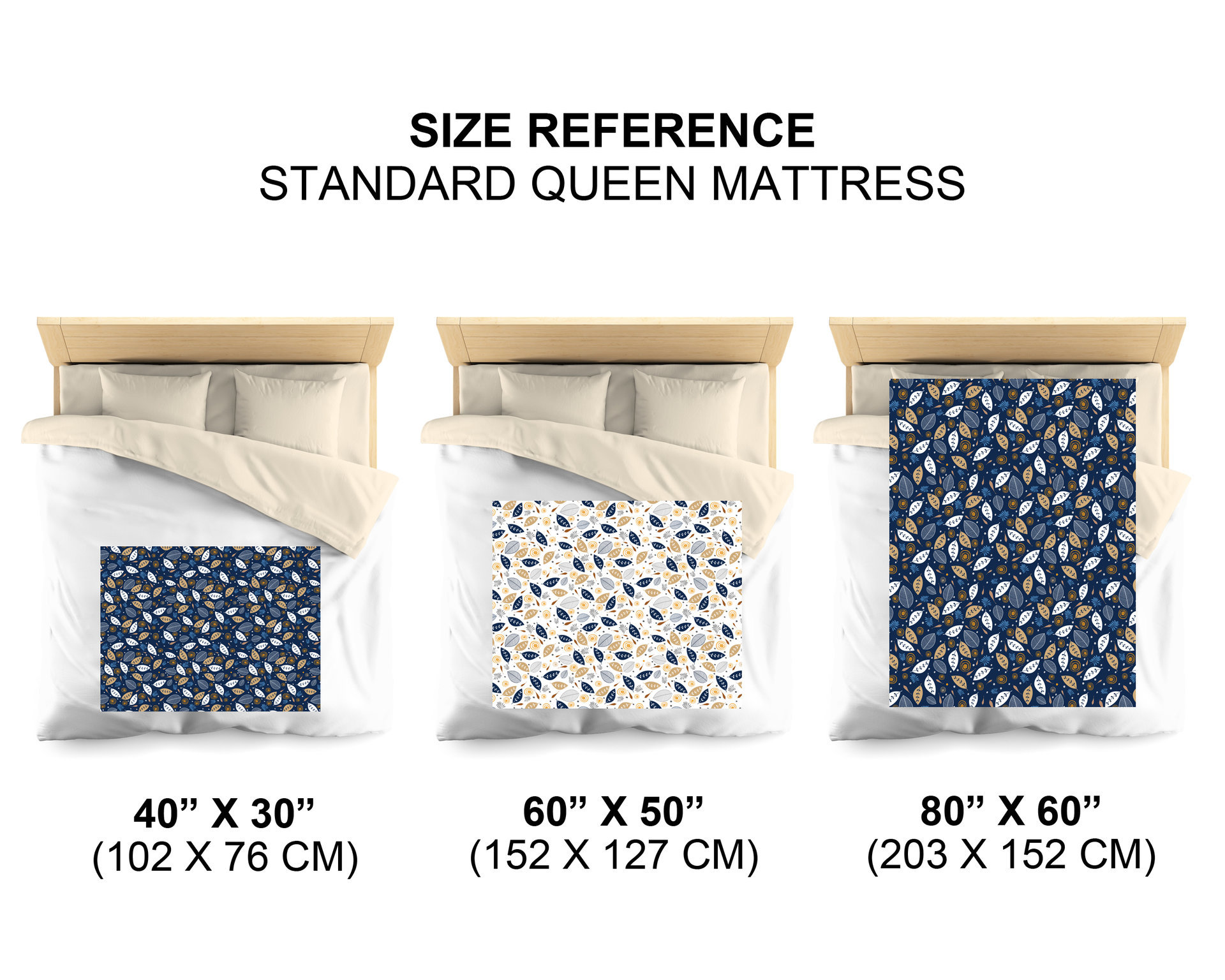 Blanket sizes in relation to a queen-size bed