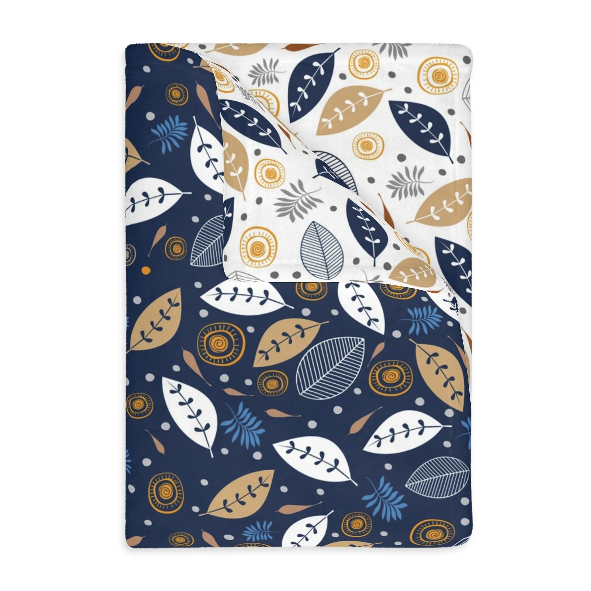 Botanical art printed on a lightweight, soft and fluffy two-sided reversible plush velveteen throw blanket in white, navy blue, tan, gray, orange and brown. One side is printed on a white background and the other side is printed on a navy blue background.