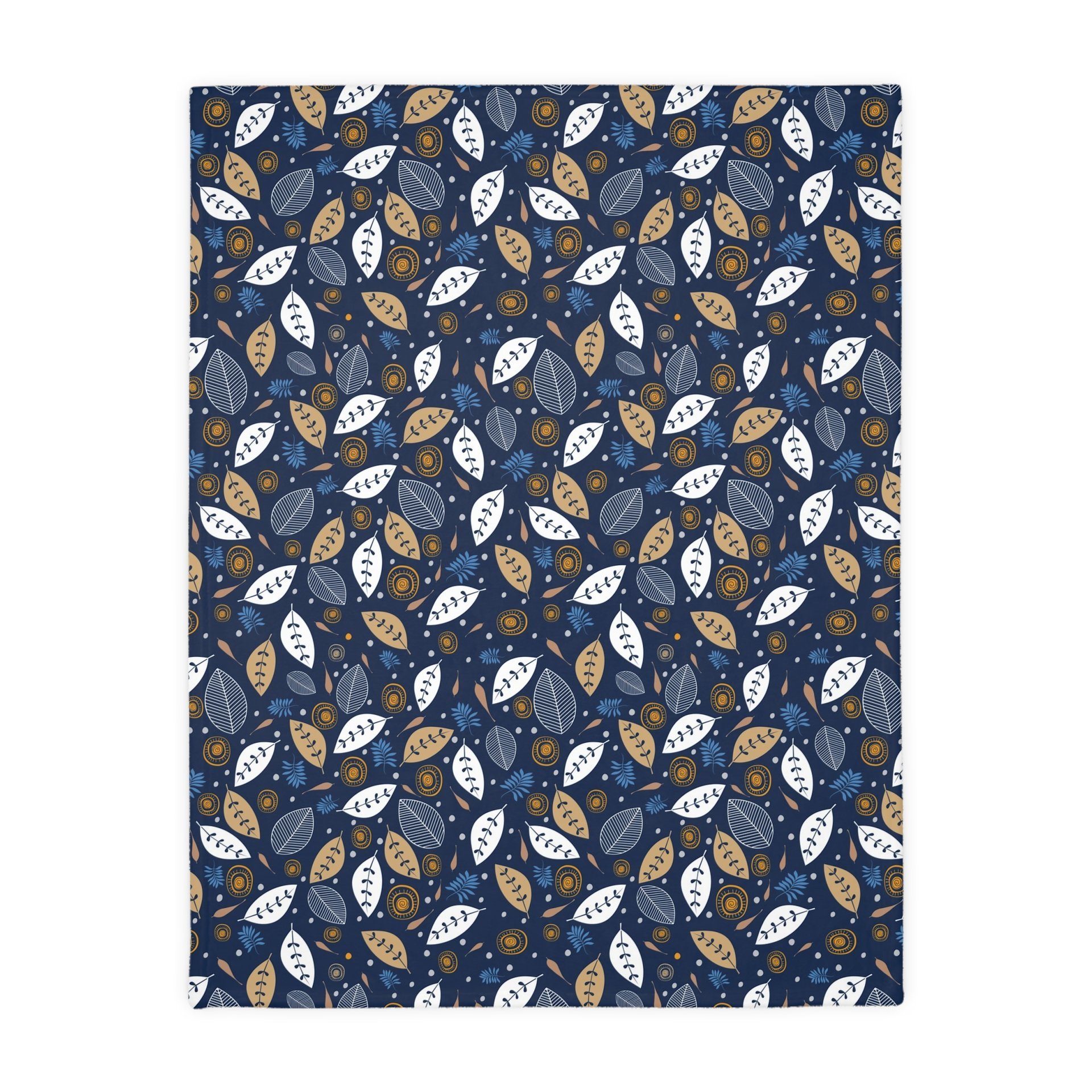 Botanical art printed on a lightweight, soft and fluffy two-sided reversible plush velveteen throw blanket in white, navy blue, tan, gray, orange and brown. One side is printed on a white background and the other side is printed on a navy blue background.