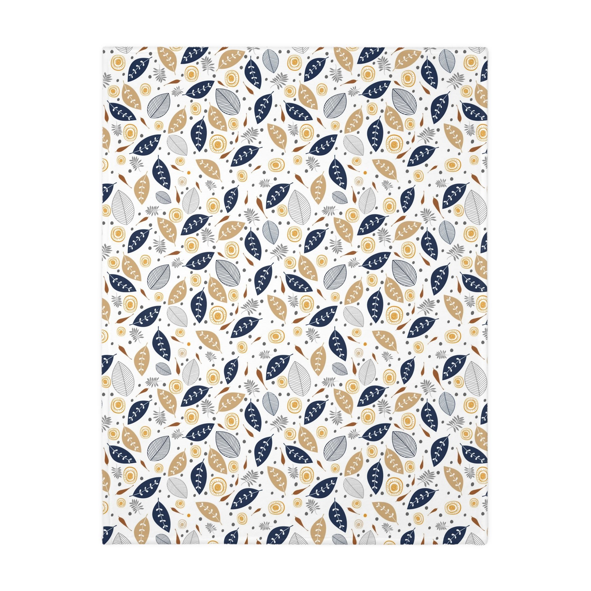 Botanical art printed on a lightweight, soft and fluffy two-sided reversible plush velveteen throw blanket in white, navy blue, tan, gray, orange and brown. One side is printed on a white background and the other side is printed on a navy blue background.