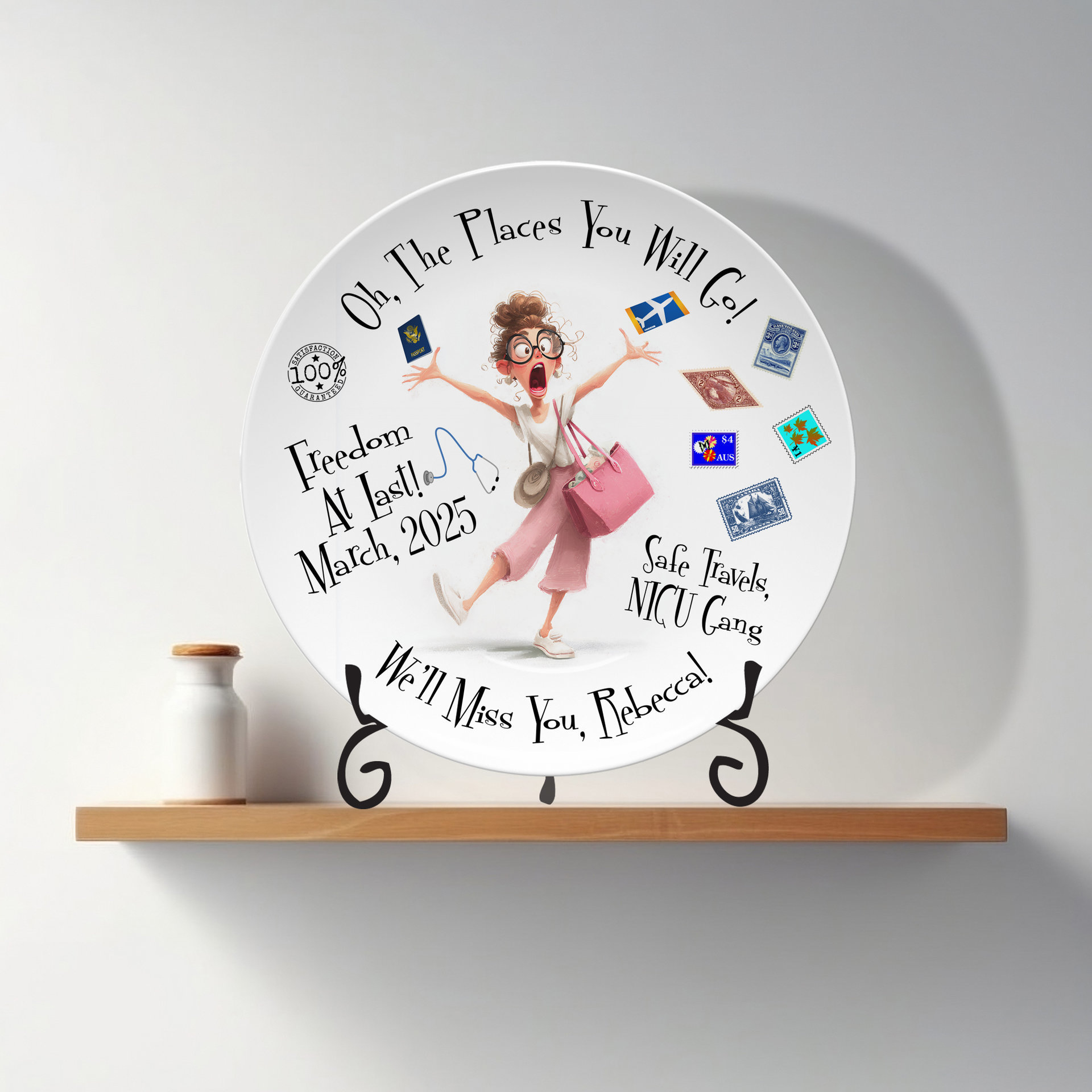 Retirement Travel Gift Plate, Personalized for a Coworker, Nurse or Doctor with Display Stand 