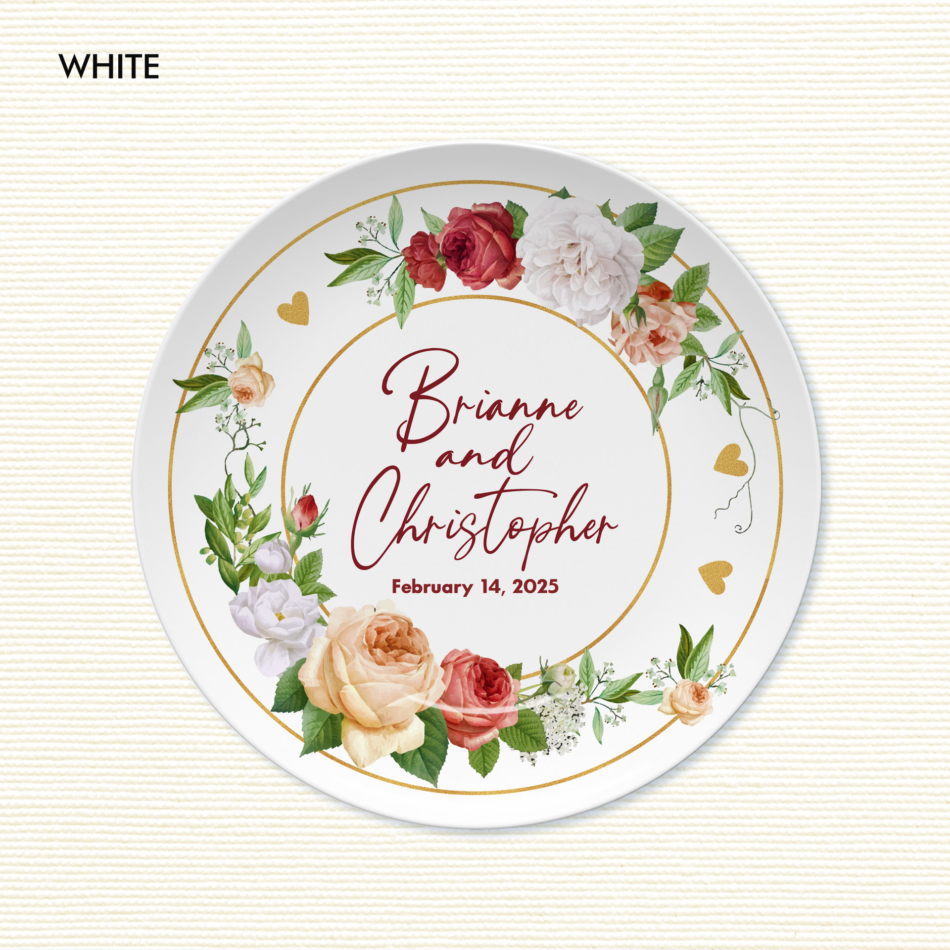Personalized red, peach and white floral plate