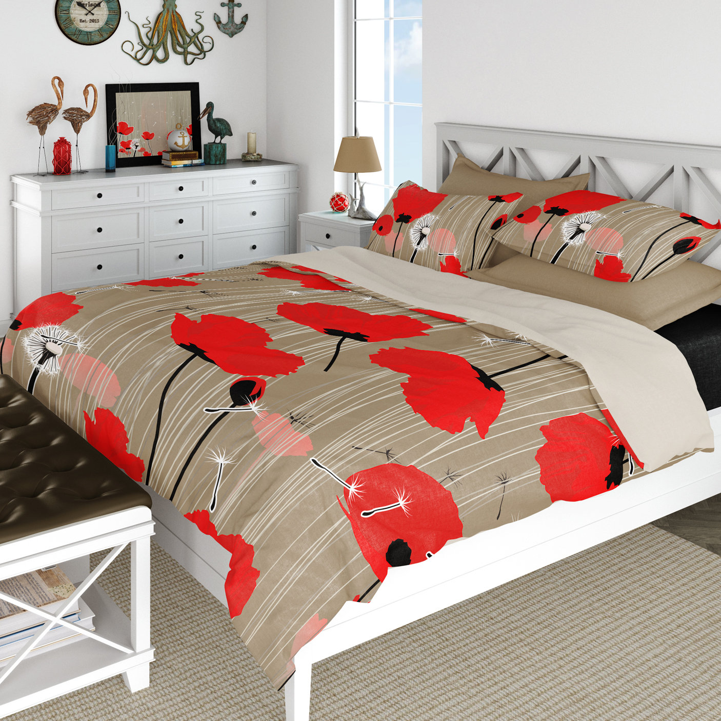 Red poppies bedding set Queen Poly Duvet cover