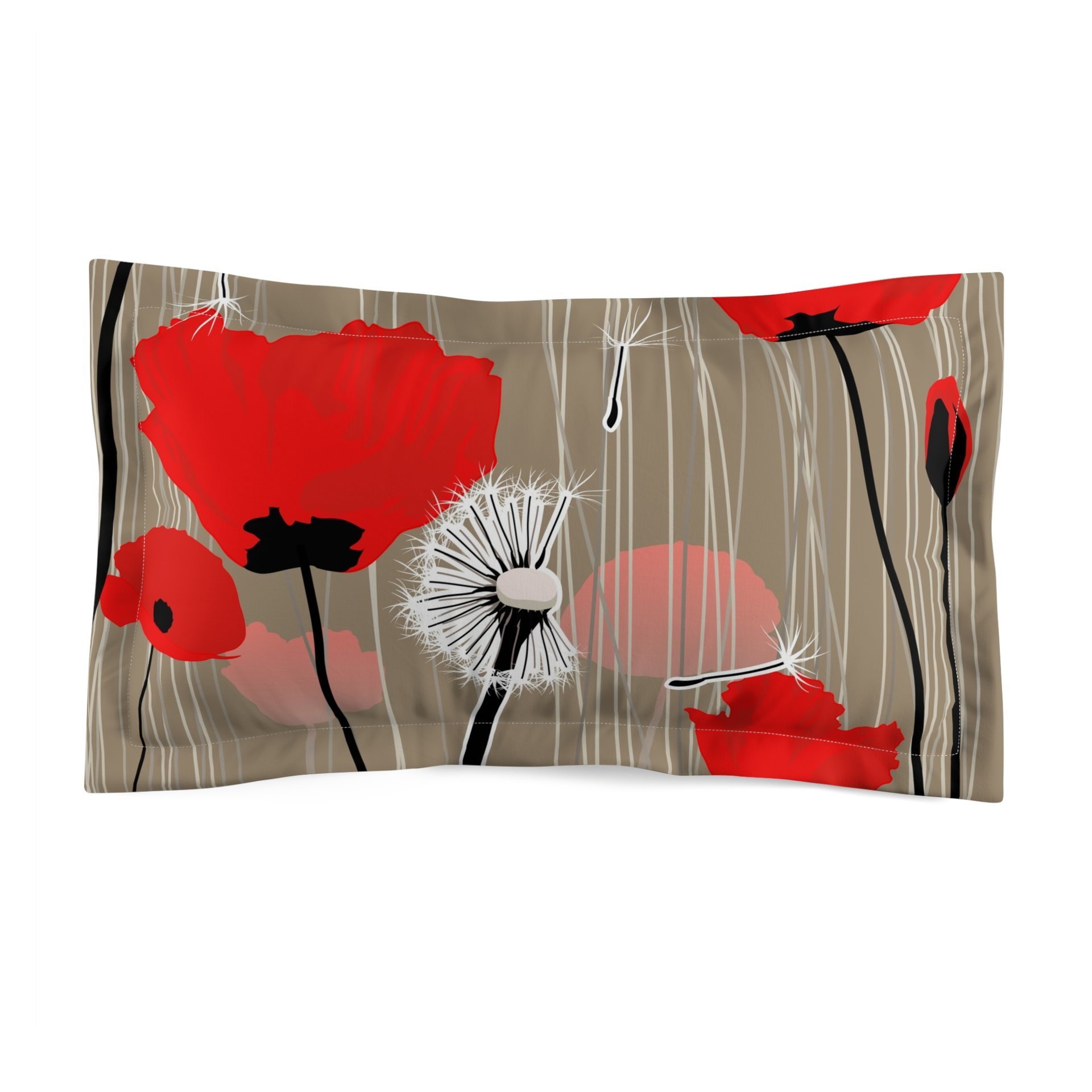 King size pillow shams with Red and pink flowers with black and white dandelion seed pods on a taupe background.